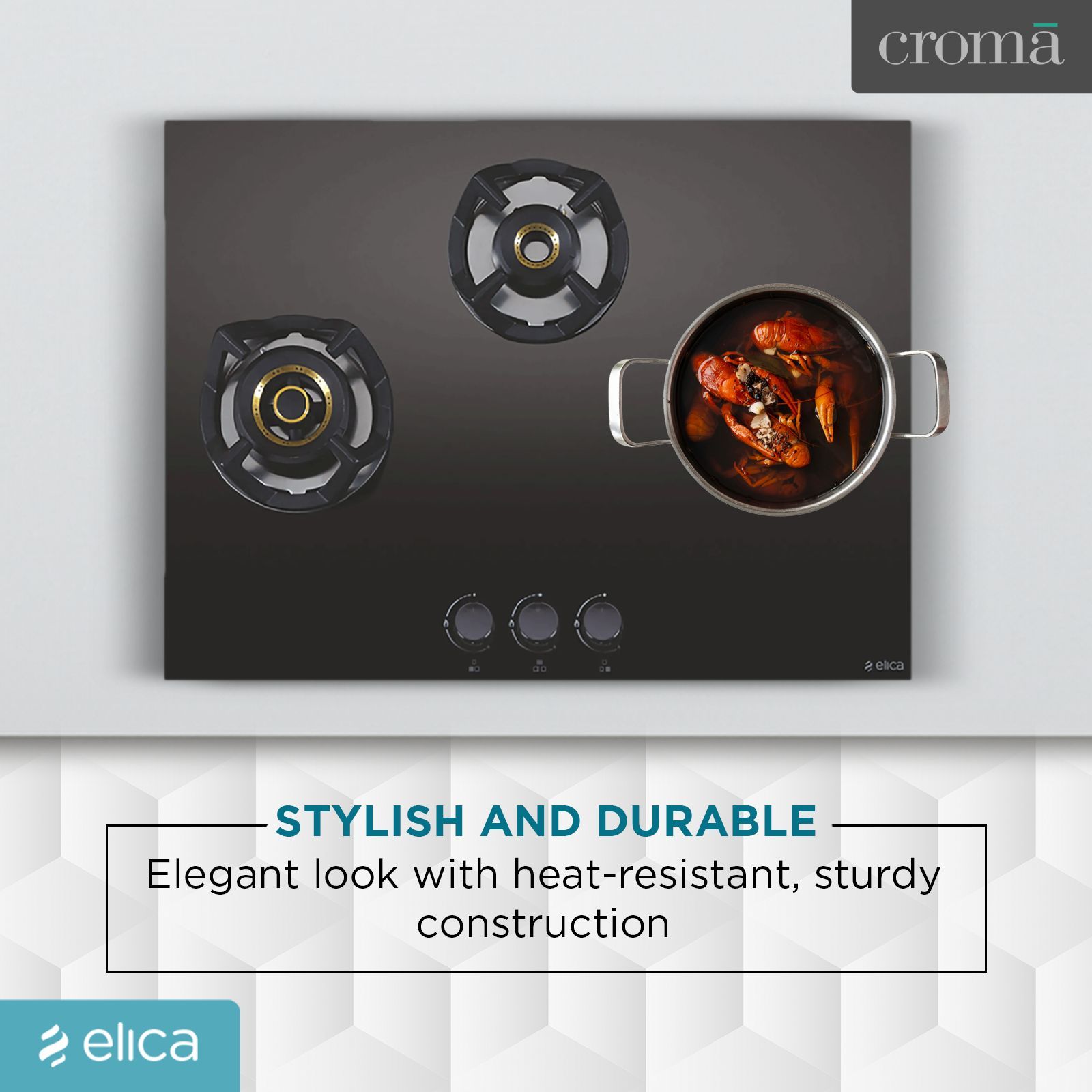 Elica CLASSIC AB 3B 60 Glass Top 3 Burner Automatic Electric Hob (Round Metallic Knob, Black) Elica CLASSIC AB 3B 60 Glass Top 3 Burner Automatic Electric Hob (Round Metallic Knob, Black)_8