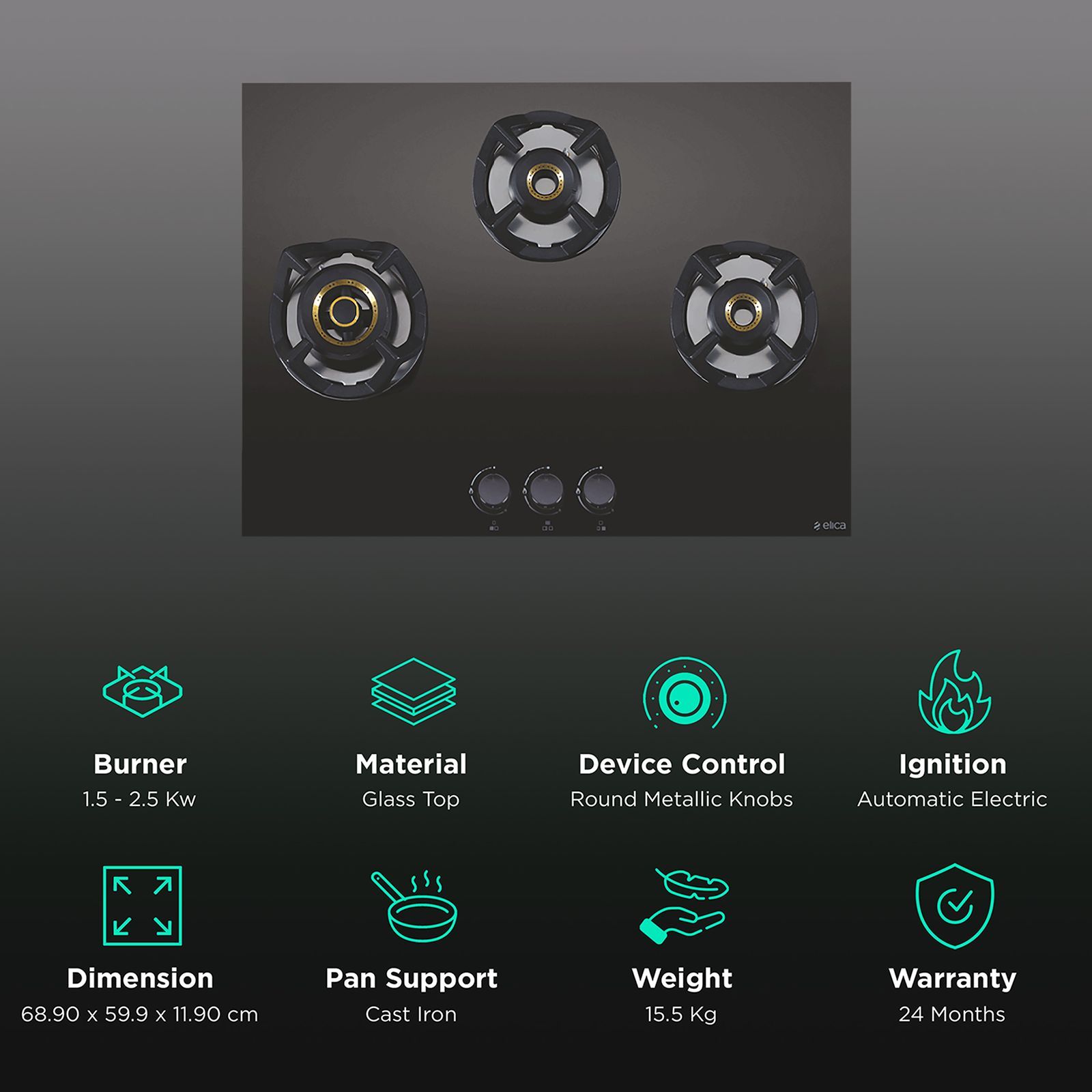 Elica CLASSIC AB 3B 60 Glass Top 3 Burner Automatic Electric Hob (Round Metallic Knob, Black) Elica CLASSIC AB 3B 60 Glass Top 3 Burner Automatic Electric Hob (Round Metallic Knob, Black)_3