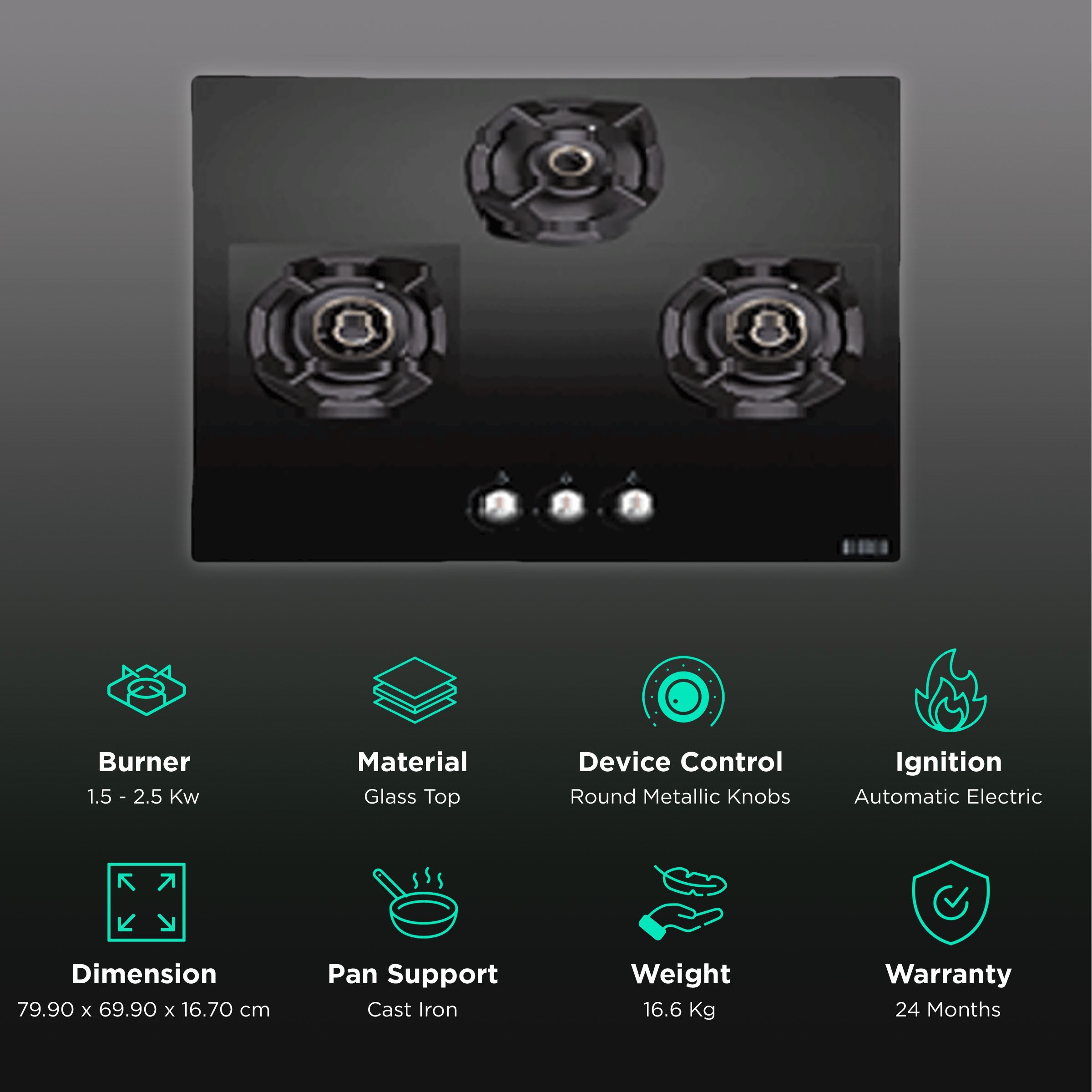 Elica CLASSIC AB 3B 70 DX Glass Top 3 Burner Automatic Electric Hob (Round Metallic Knob, Black)_3