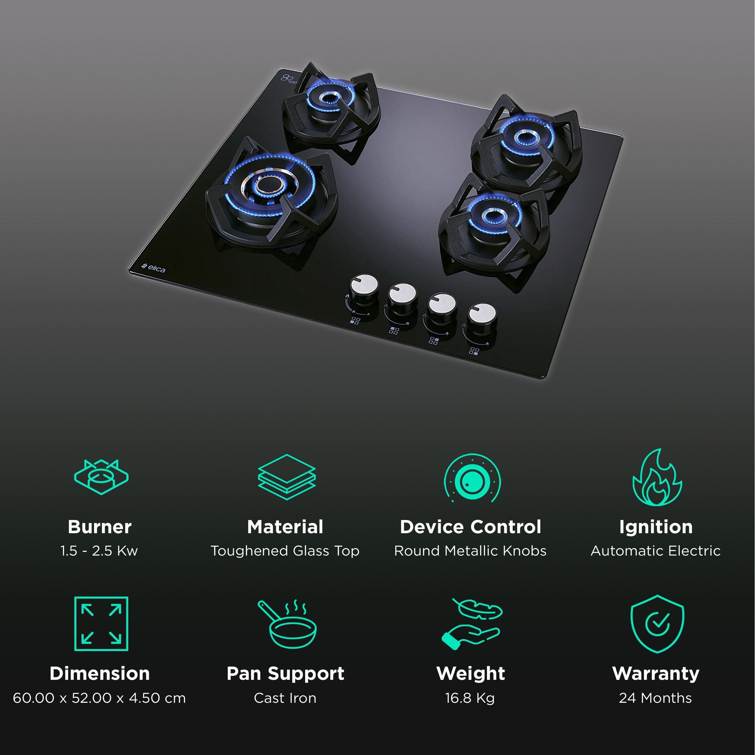 Elica CLASSIC AB 4B 60 Toughened Glass Top 4 Burner Automatic Electric Hob (Multi Flame Control, Black)_3