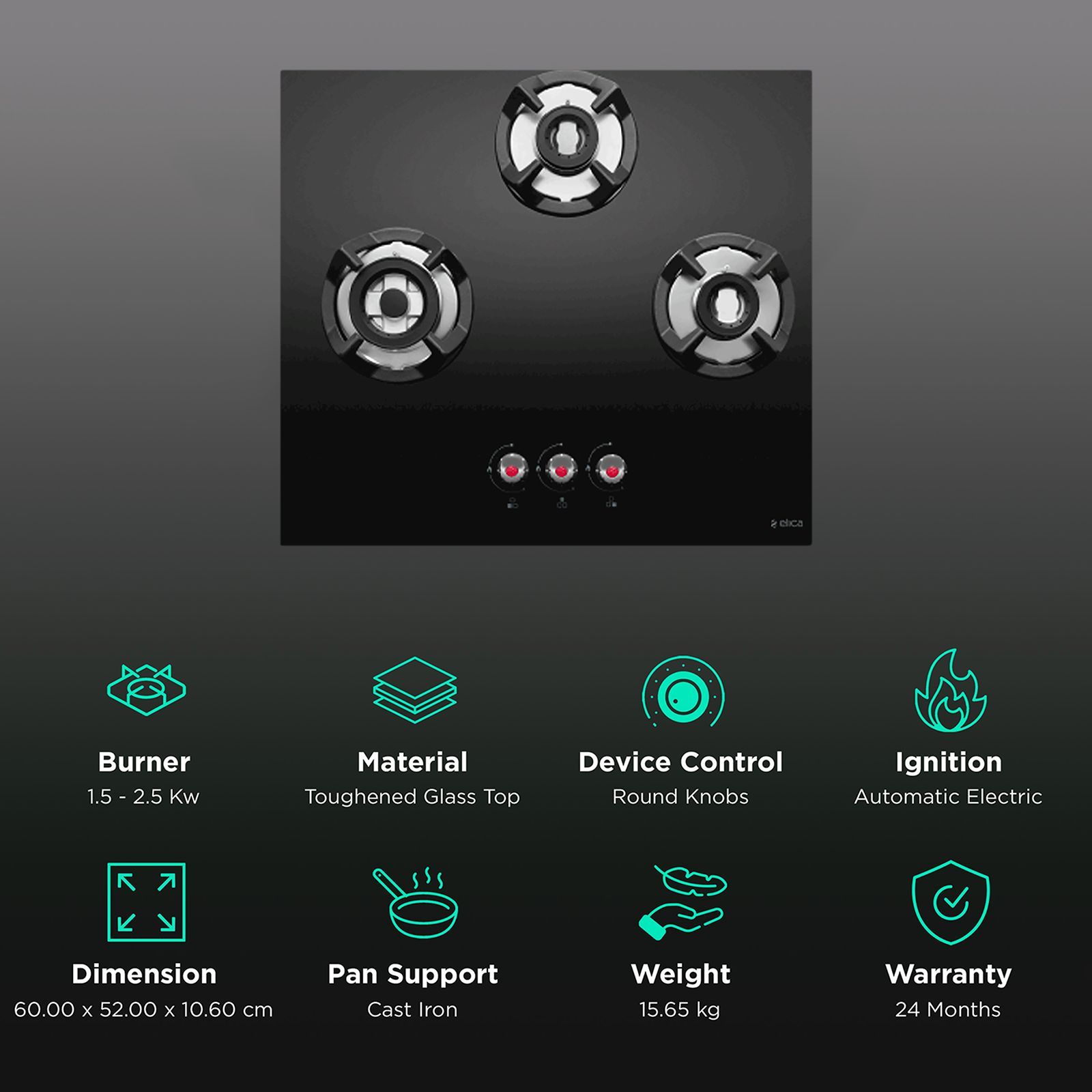 Elica CLASSIC FLEXI AB HCT 3B 60 Toughened Glass Top 3 Burner Automatic Electric Hob (Cast Iron Grid, Black)_3