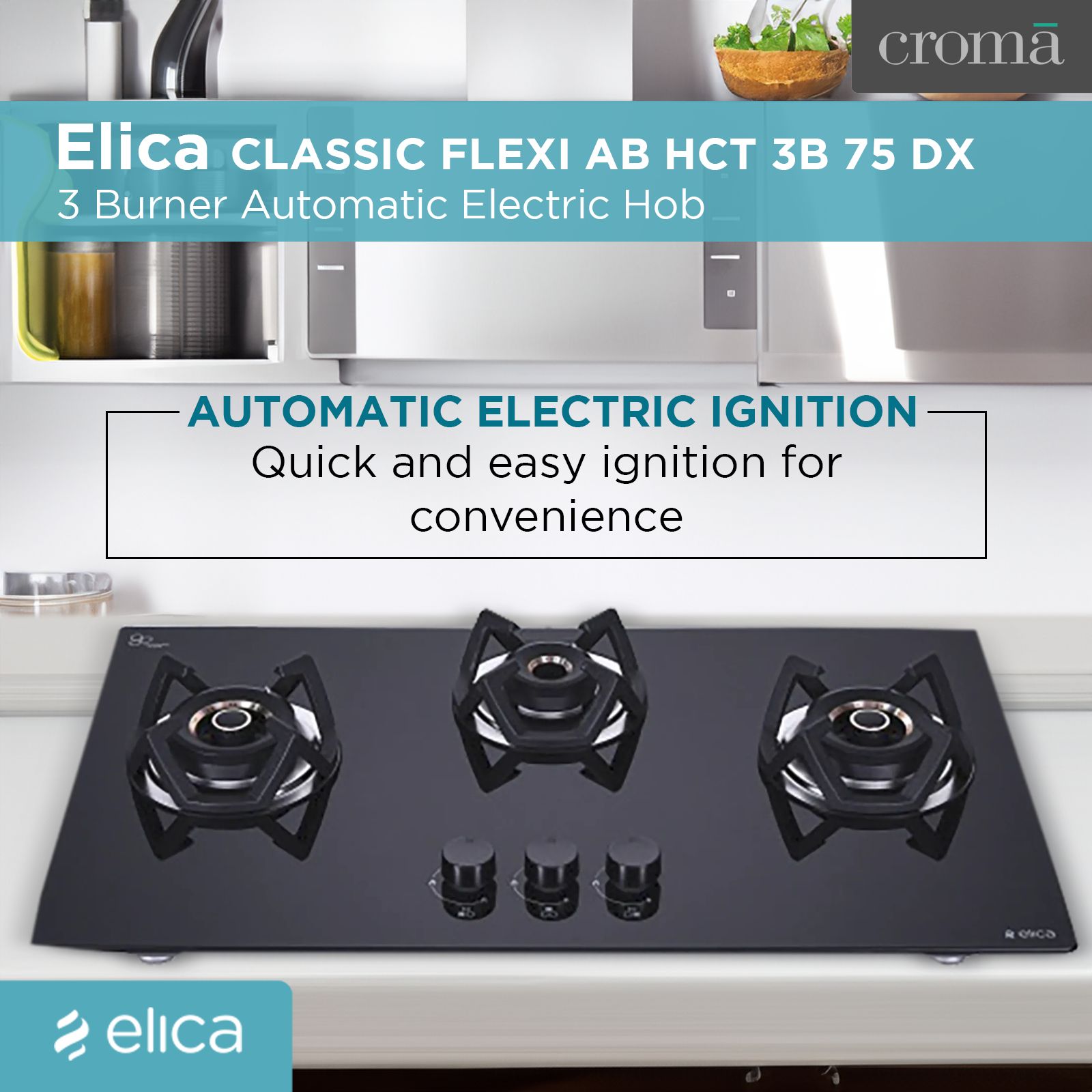 Elica CLASSIC FLEXI AB HCT 3B 75 DX Toughened Glass Top 3 Burner Automatic Electric Hob (Cast Iron Grid, Black)_6