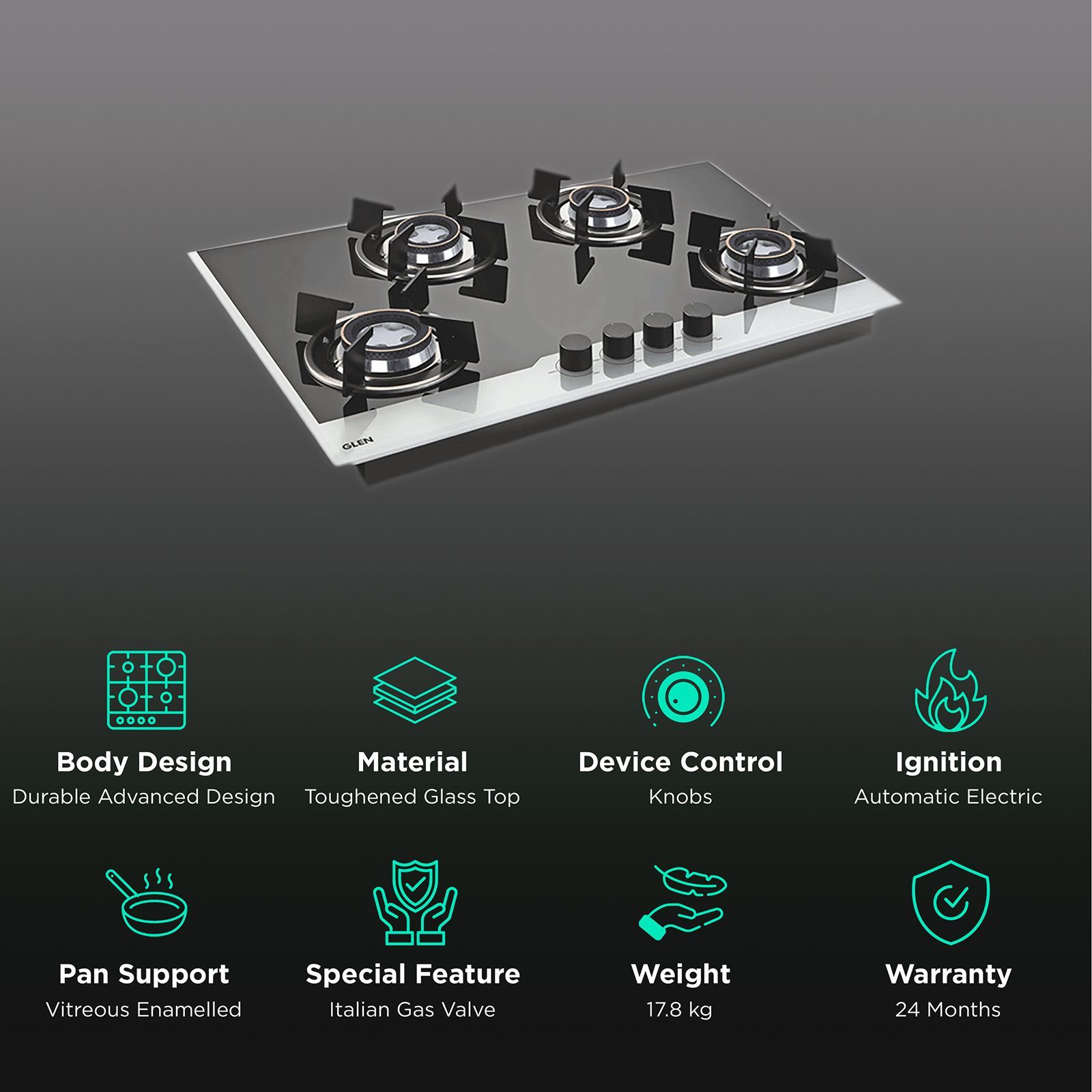 Glen 1074 HT BW Toughened Glass Top 4 Burner Automatic Electric Hob (Battery Operated, Black/White)_3