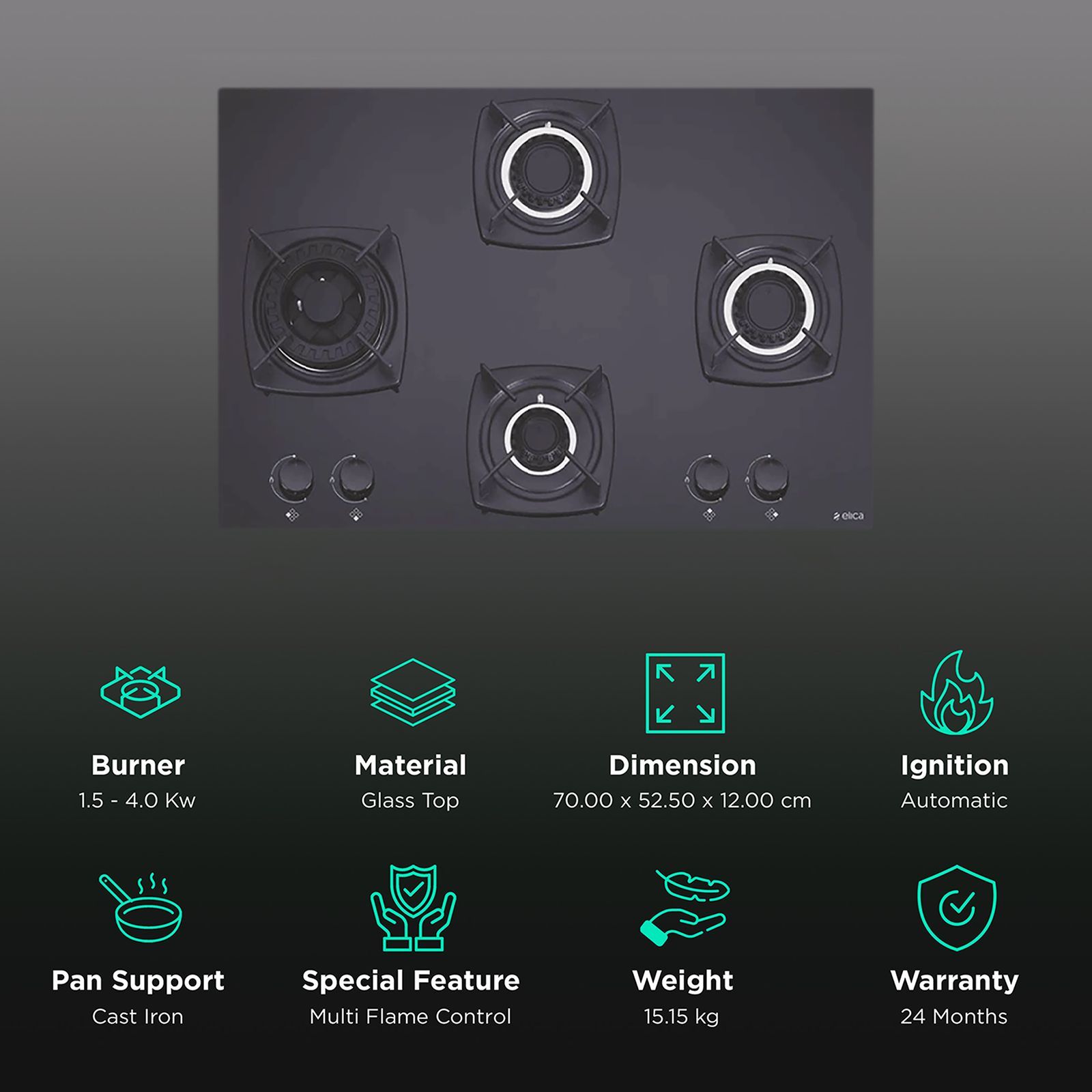 Elica DT MFC 4B 70 SWIRL Glass Top 4 Burner Automatic Hob (Cast Iron Grid, Black) Elica DT MFC 4B 70 SWIRL Glass Top 4 Burner Automatic Hob (Cast Iron Grid, Black)_3