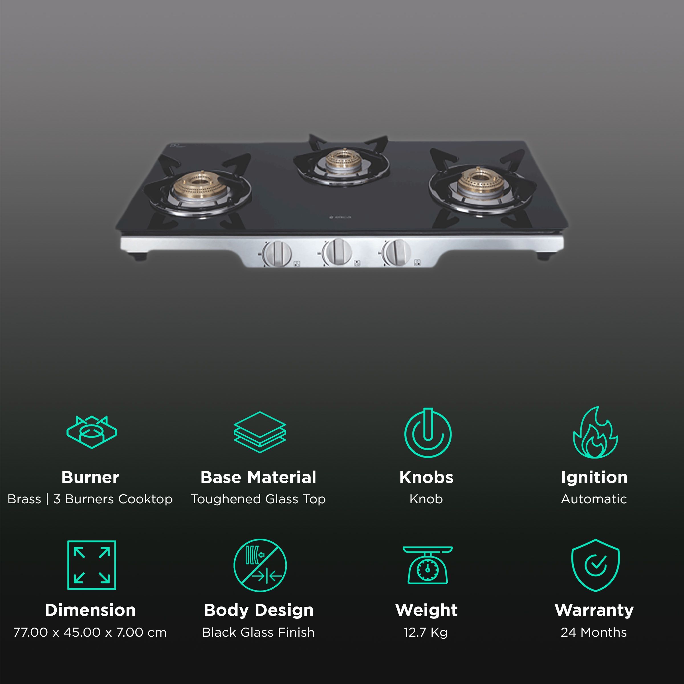 Elica Patio ICT 773BK(SS DT SE) Toughened Glass Top 3 Burner Automatic Gas Stove (Round Euro Coated Grid, Black) Elica Patio ICT 773BK(SS DT SE) Toughened Glass Top 3 Burner Automatic Gas Stove (Round Euro Coated Grid, Black)_3