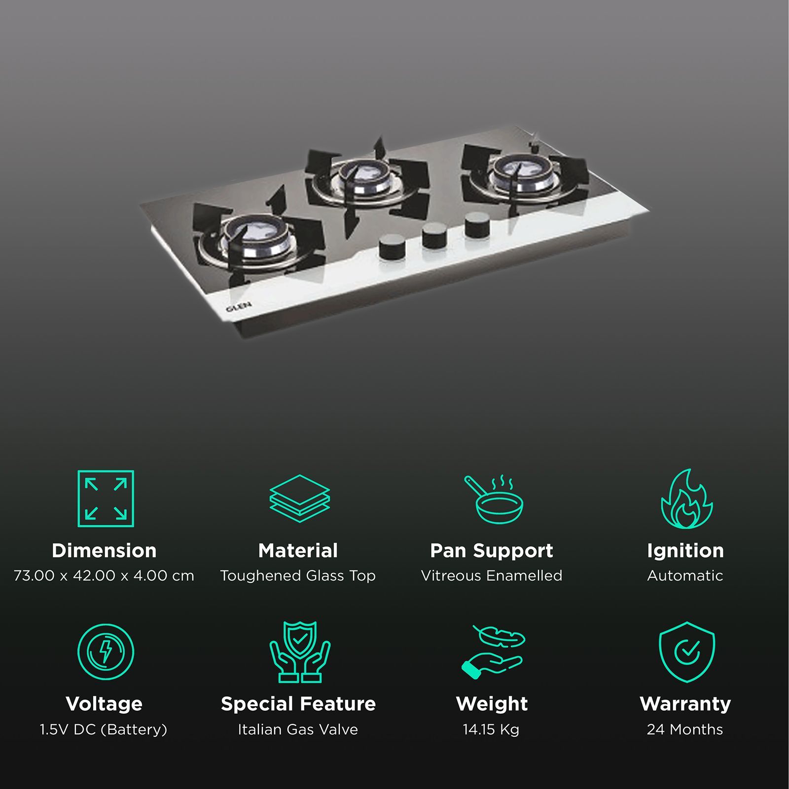 Glen 1073 HT BW Toughened Glass Top 3 Burner Automatic Hob (Sturdy Pan Support, Black/White)_3