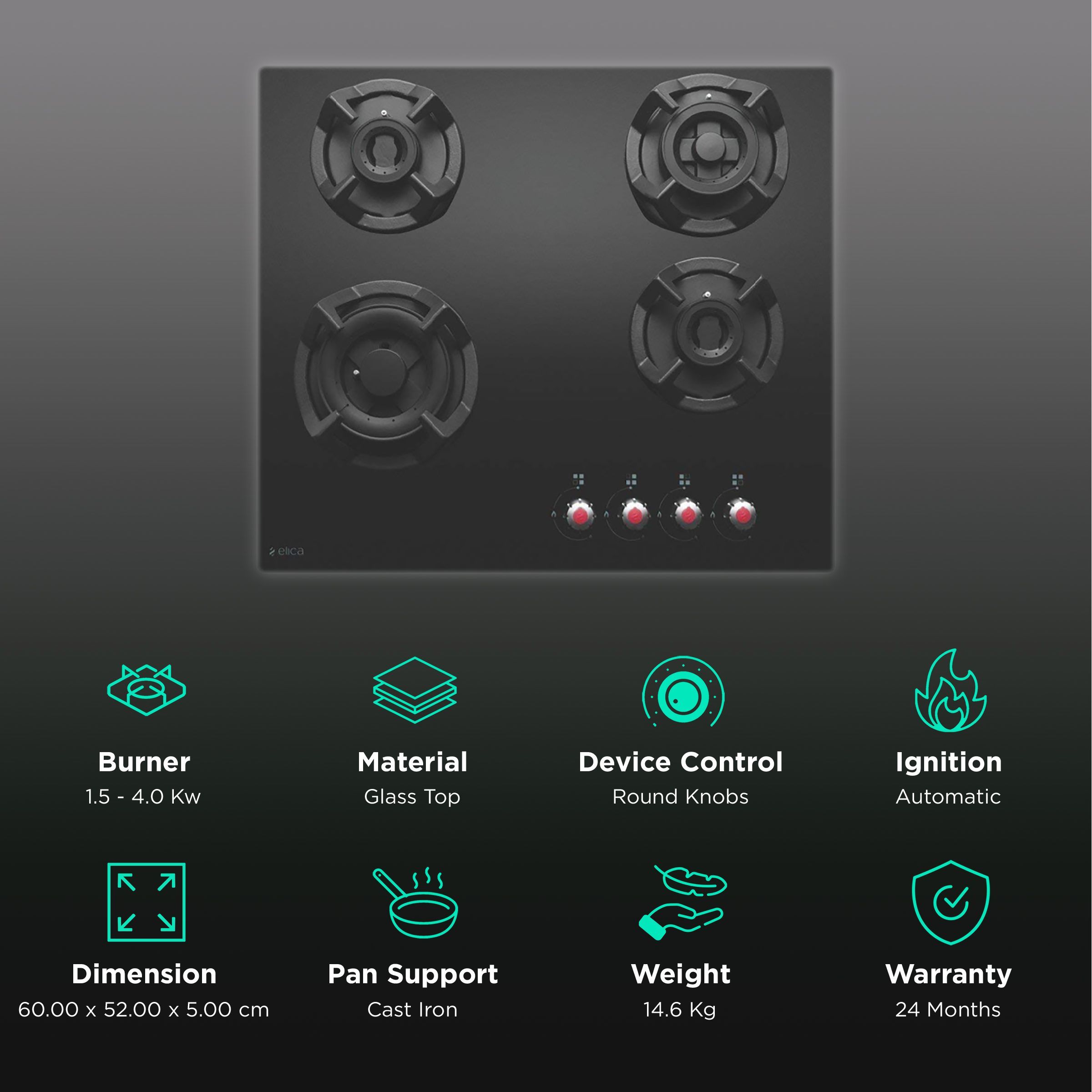 Elica CLASSIC AB MFC 4B 60 MT FFD Glass Top 4 Burner Automatic Hob (Multi Flame Control, Black) Elica CLASSIC AB MFC 4B 60 MT FFD Glass Top 4 Burner Automatic Hob (Multi Flame Control, Black)_3
