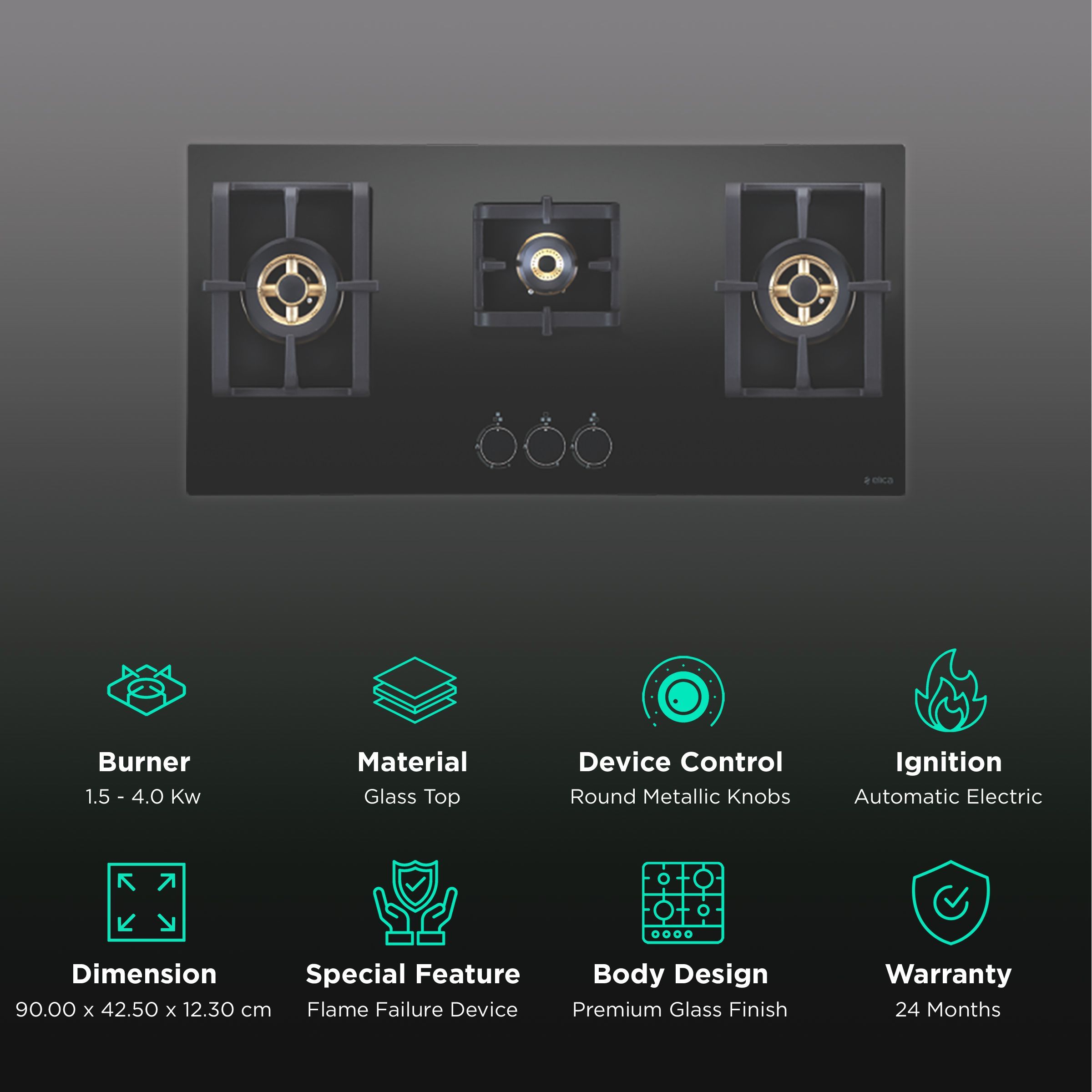 Elica PRO FB MFC 3B 90 DX FFD Glass Top 3 Burner Automatic Electric Hob (Round Metallic Knob, Black)_3