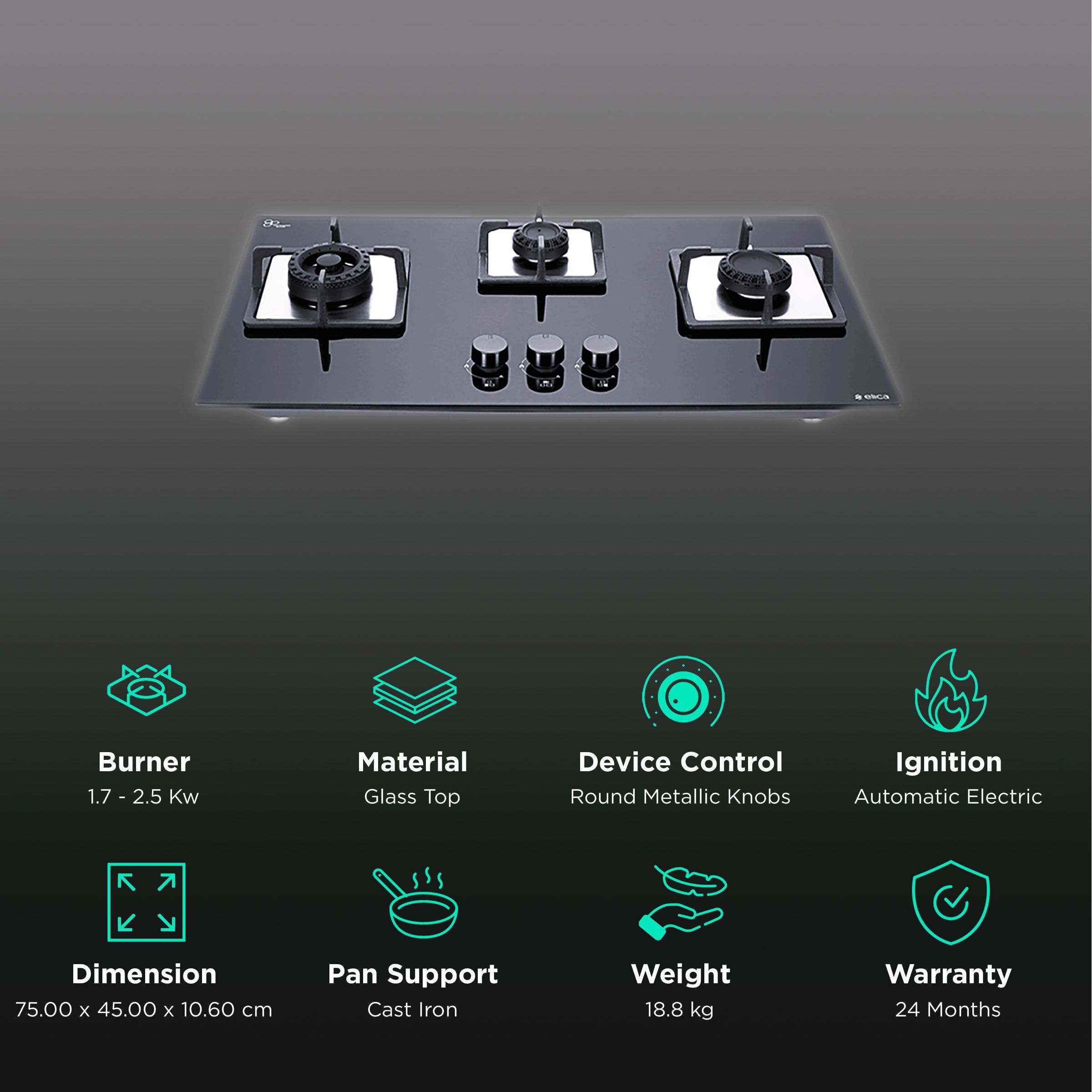 Elica Flexi Swirl 3B 75 MT NX Glass Top 3 Burner Automatic Electric Hob (Round Metallic Knob, Black)_3