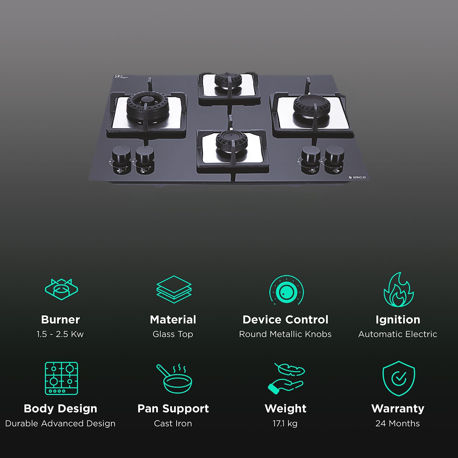 Elica Flexi Swirl 4B 60 MT NX Glass Top 4 Burner Automatic Electric Hob (Round Metallic Knob, Black) Elica Flexi Swirl 4B 60 MT NX Glass Top 4 Burner Automatic Electric Hob (Round Metallic Knob, Black)_3