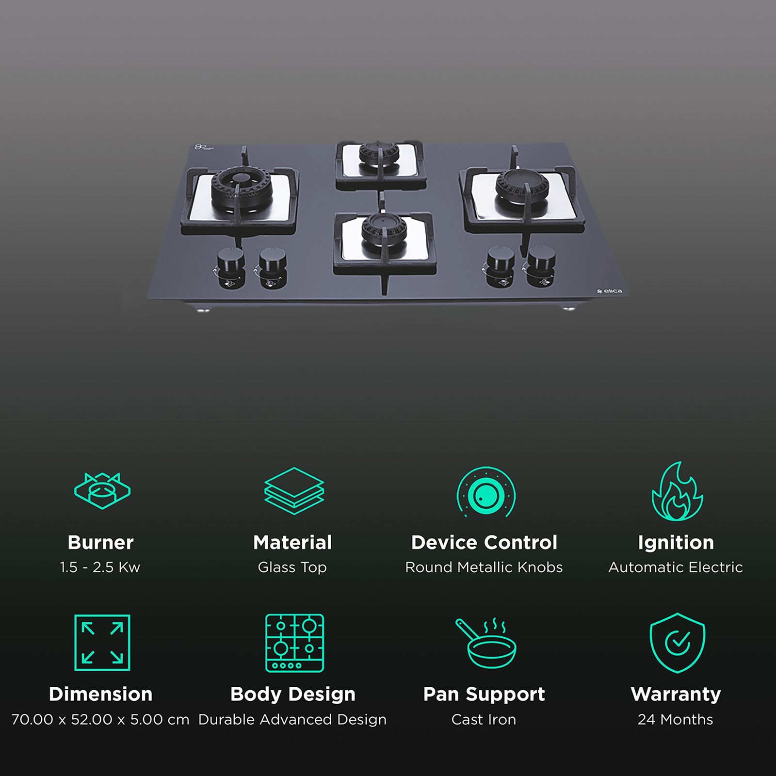 Elica Flexi Swirl 4B 70 MT NX Glass Top 4 Burner Automatic Electric Hob (Round Metallic Knob, Black)_3