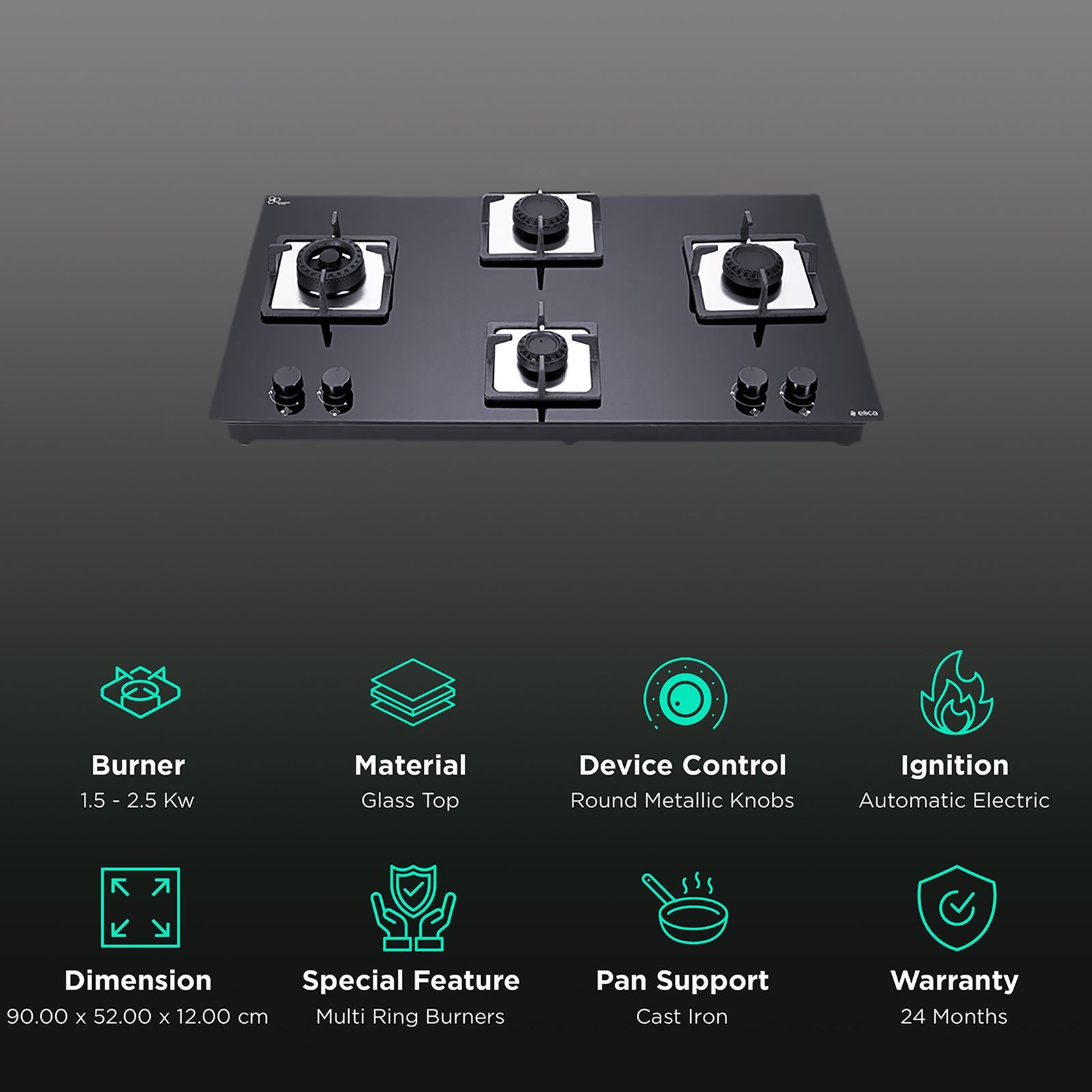 Elica Flexi Swirl 4B 91 MT NX Glass Top 4 Burner Automatic Electric Hob (Round Metallic Knob, Black)_3