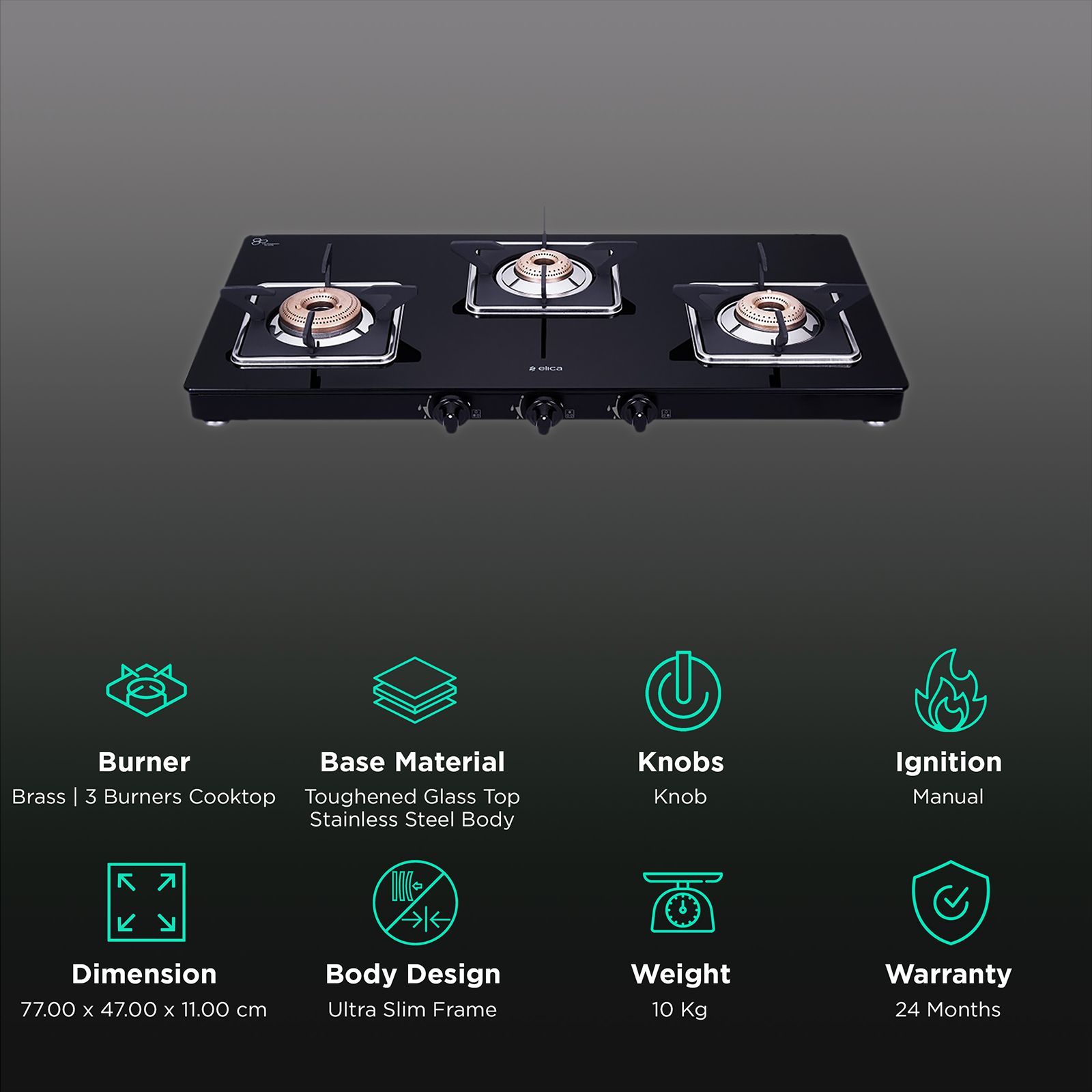 Elica 773 CT VETRO (SLIMLINE SPF) Toughened Glass Top 3 Burner Manual Gas Stove (Square Euro Coated Grids, Black)_3