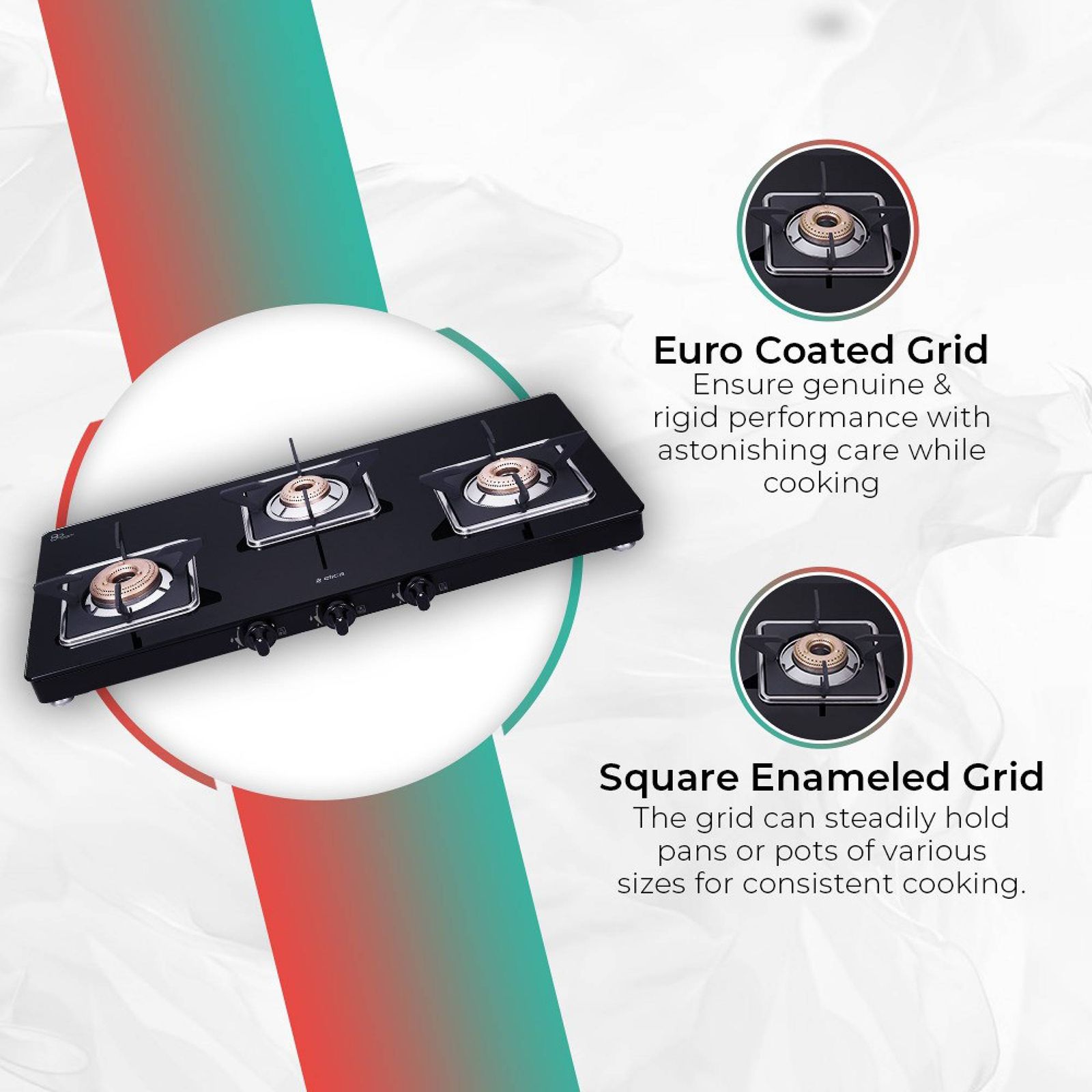 Elica 773 CT VETRO (SLIMLINE SPF) Toughened Glass Top 3 Burner Manual Gas Stove (Square Euro Coated Grids, Black)_7