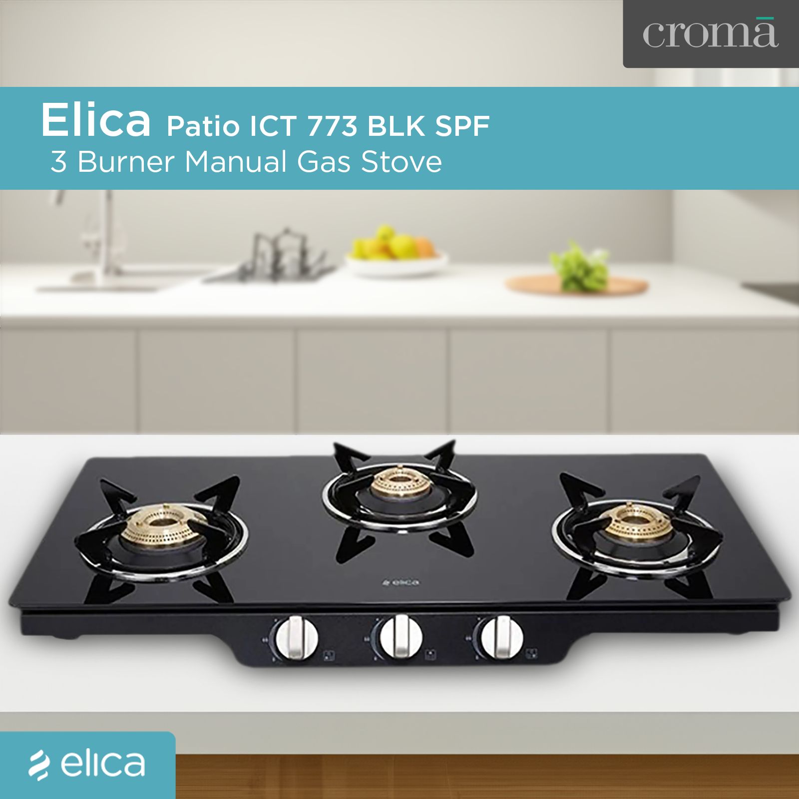Elica Patio ICT 773 BLK SPF Series Toughened Glass Top 3 Burner Manual Gas Stove (Square Enamelled Grid Supports, Black)_7