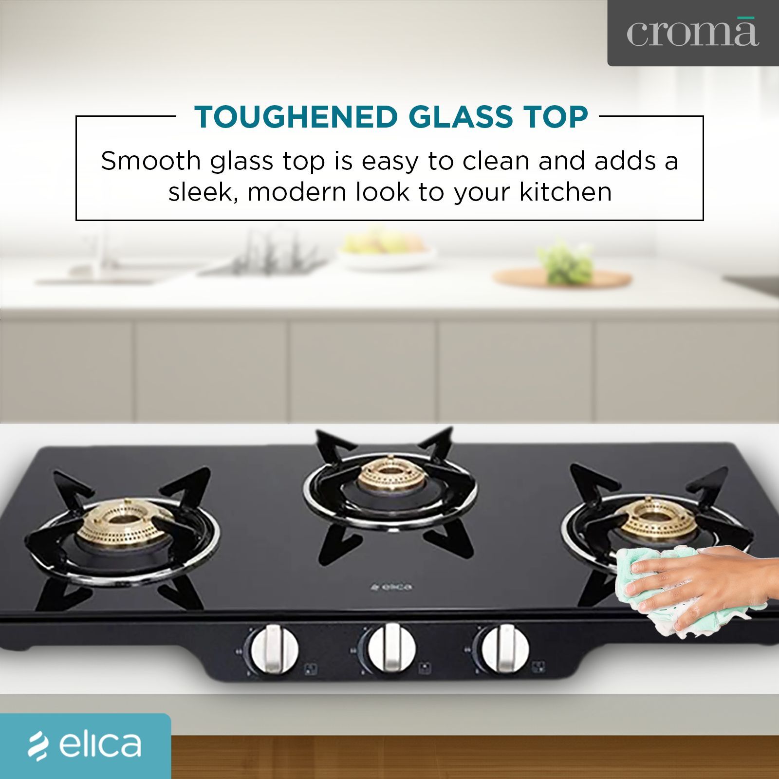 Elica Patio ICT 773 BLK SPF Series Toughened Glass Top 3 Burner Manual Gas Stove (Square Enamelled Grid Supports, Black)_9