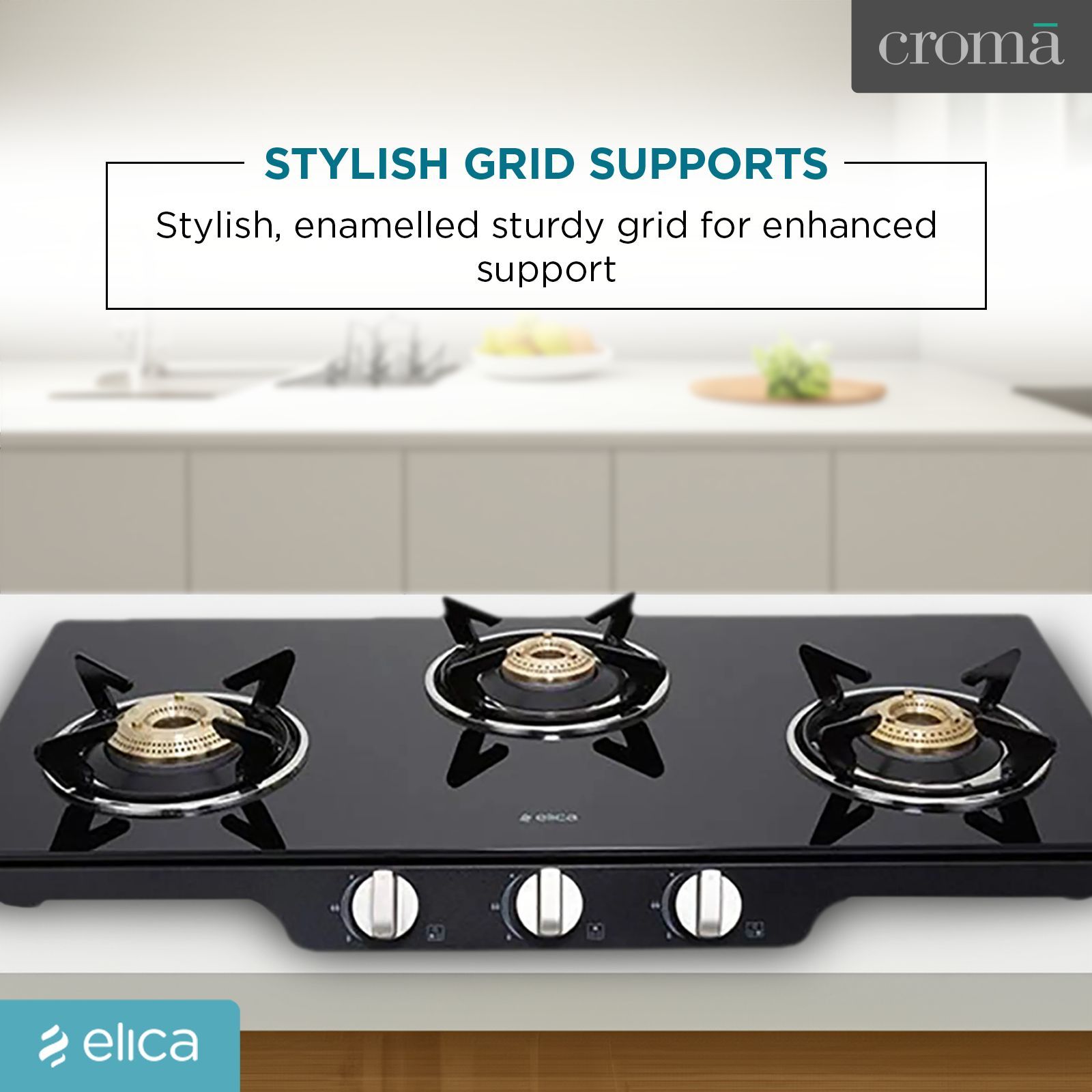Elica Patio ICT 773 BLK SPF Series Toughened Glass Top 3 Burner Manual Gas Stove (Square Enamelled Grid Supports, Black)_10