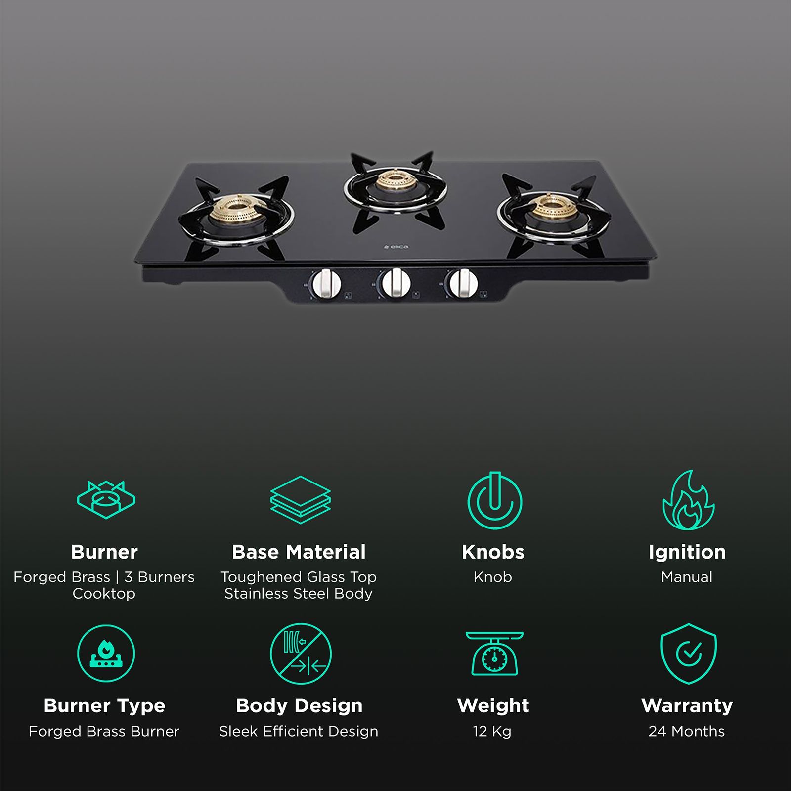 Elica Patio ICT 773 BLK SPF Series Toughened Glass Top 3 Burner Manual Gas Stove (Square Enamelled Grid Supports, Black)_3