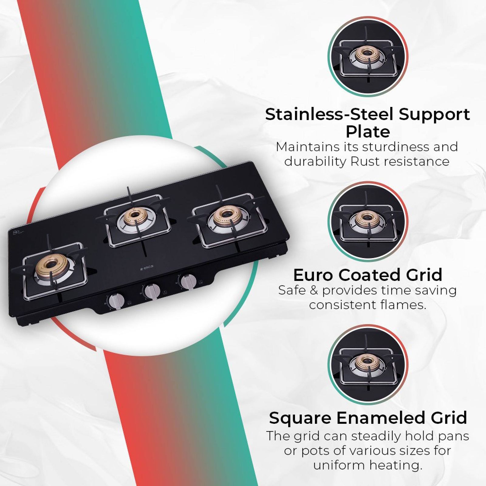 Elica Patio ICT 773 BLK SPF Series Toughened Glass Top 3 Burner Manual Gas Stove (Square Enamelled Grid Supports, Black)_5