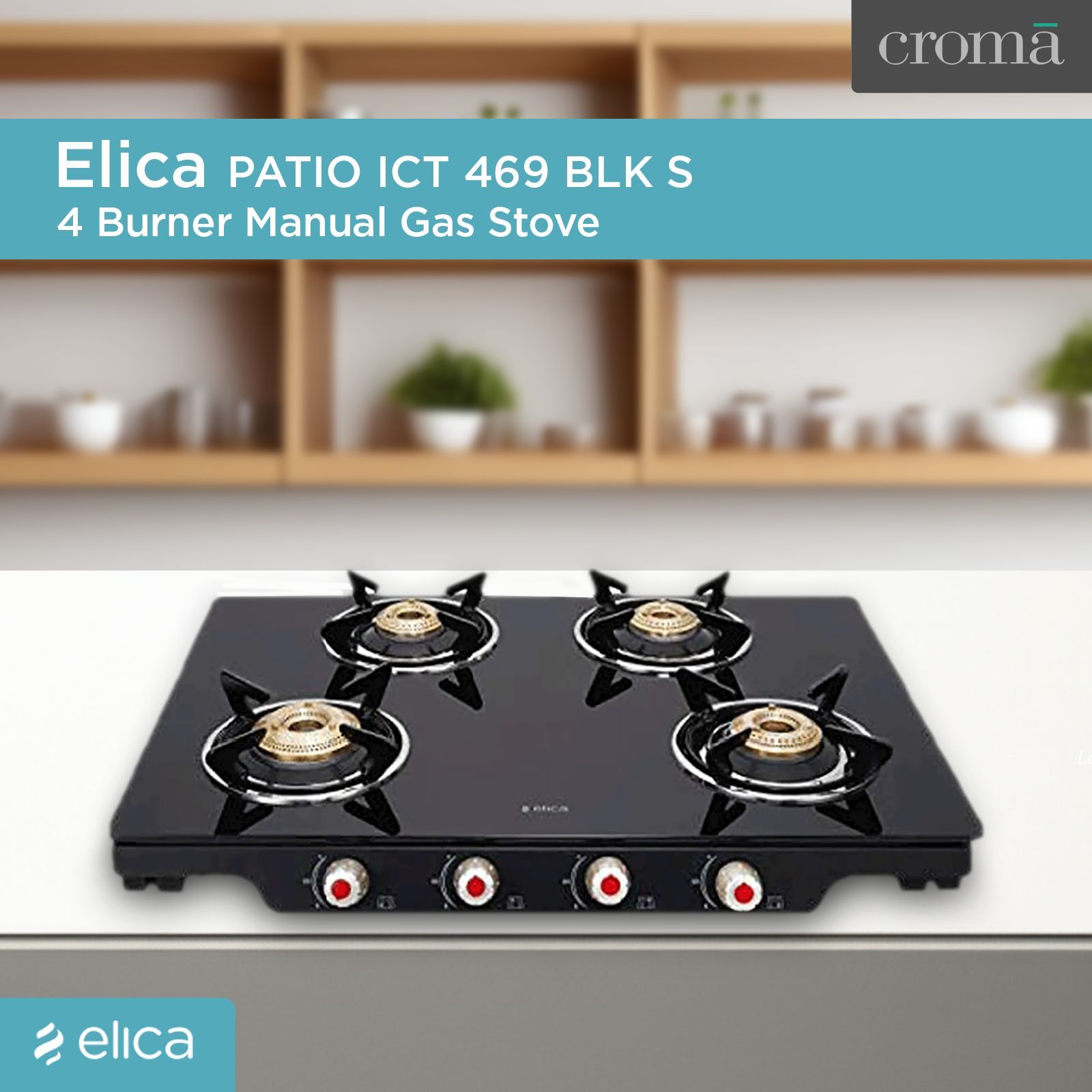 Elica Patio ICT 469 BLK S (SPF SERIES) Glass Top 4 Burner Manual Gas Stove (Euro Coated Grid, Black)_5