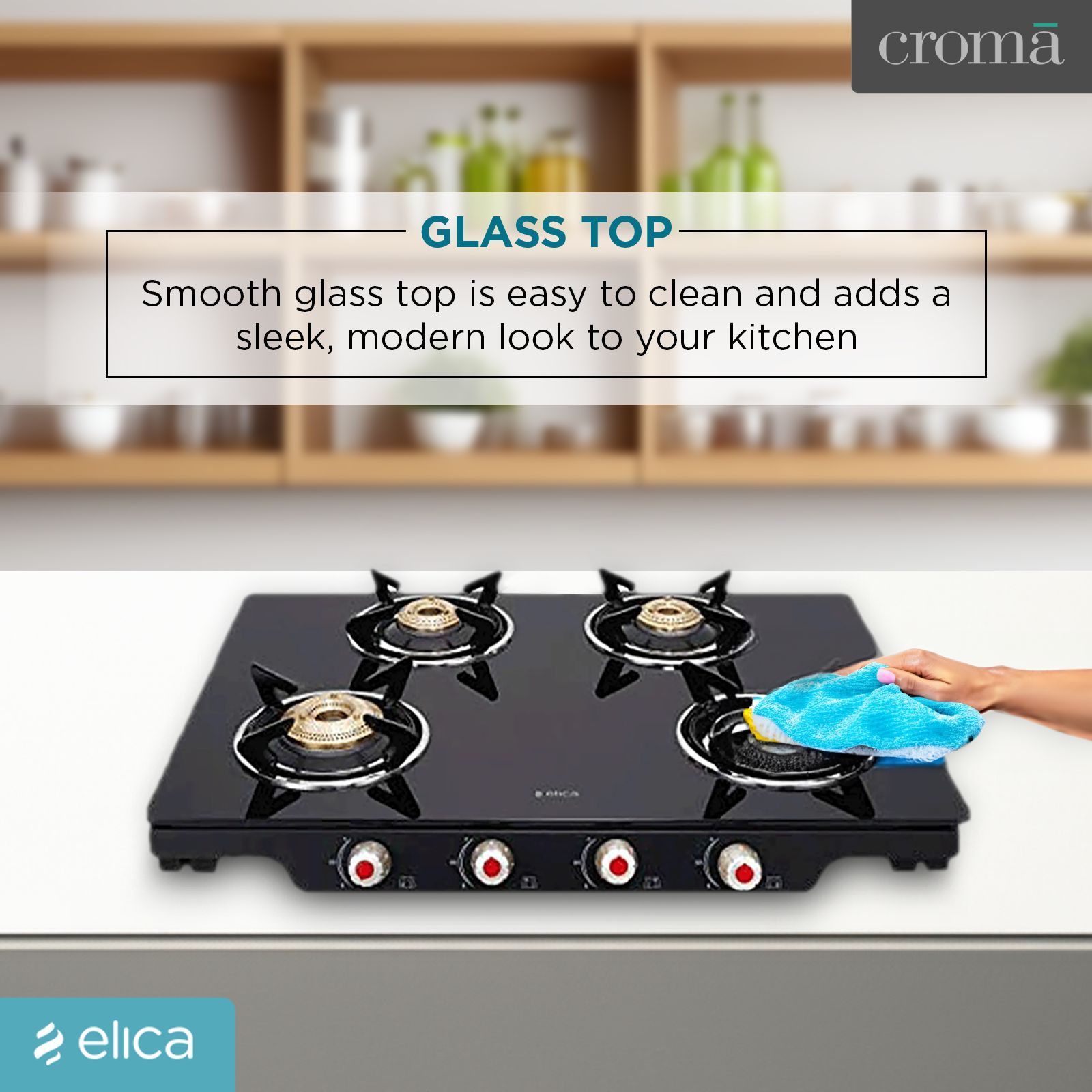 Elica Patio ICT 469 BLK S (SPF SERIES) Glass Top 4 Burner Manual Gas Stove (Euro Coated Grid, Black)_7