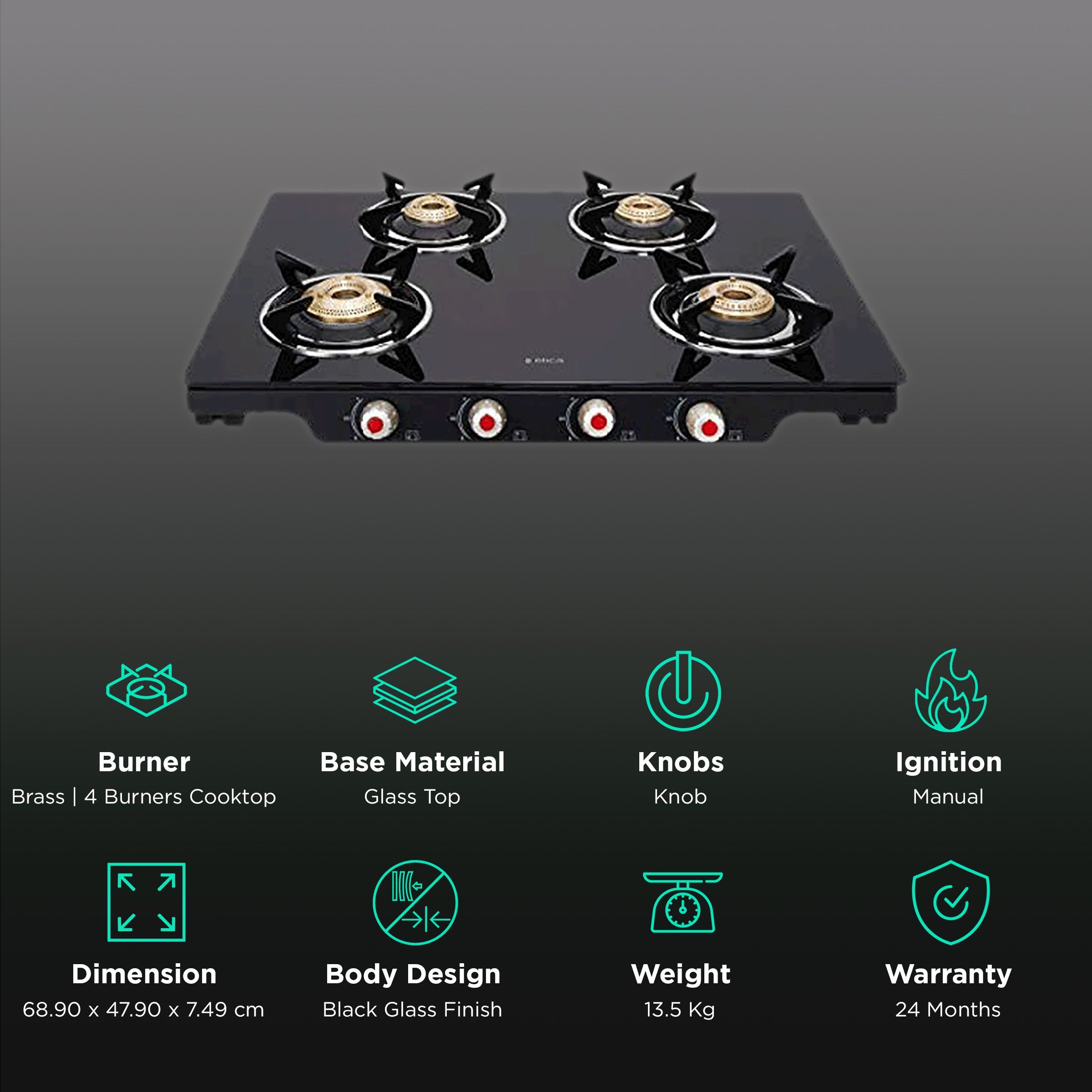 Elica Patio ICT 469 BLK S (SPF SERIES) Glass Top 4 Burner Manual Gas Stove (Euro Coated Grid, Black)_3