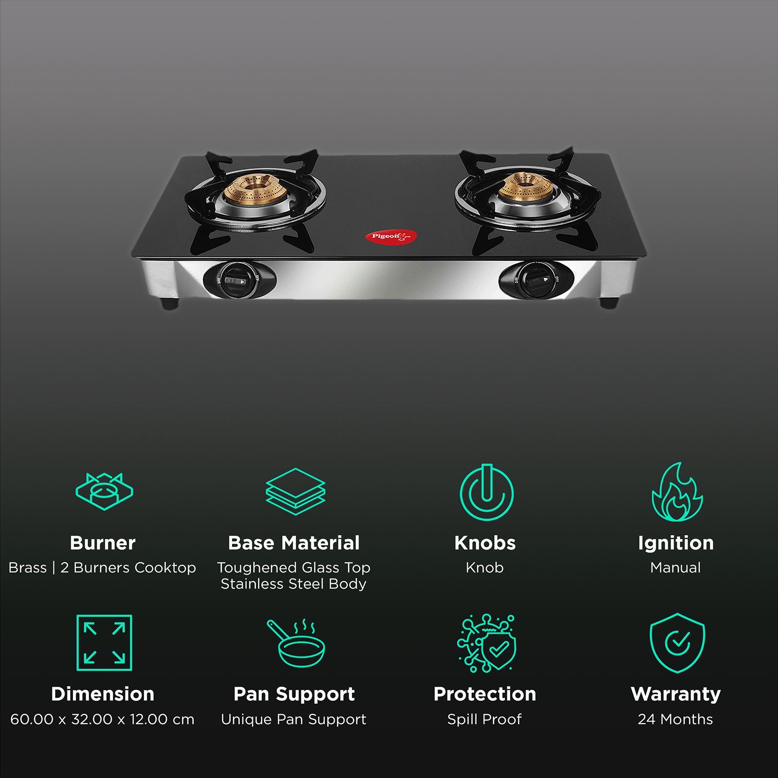 Pigeon Ayush Toughened Glass Top 2 Burner Manual Gas Stove (Rust Proof, Black)_3