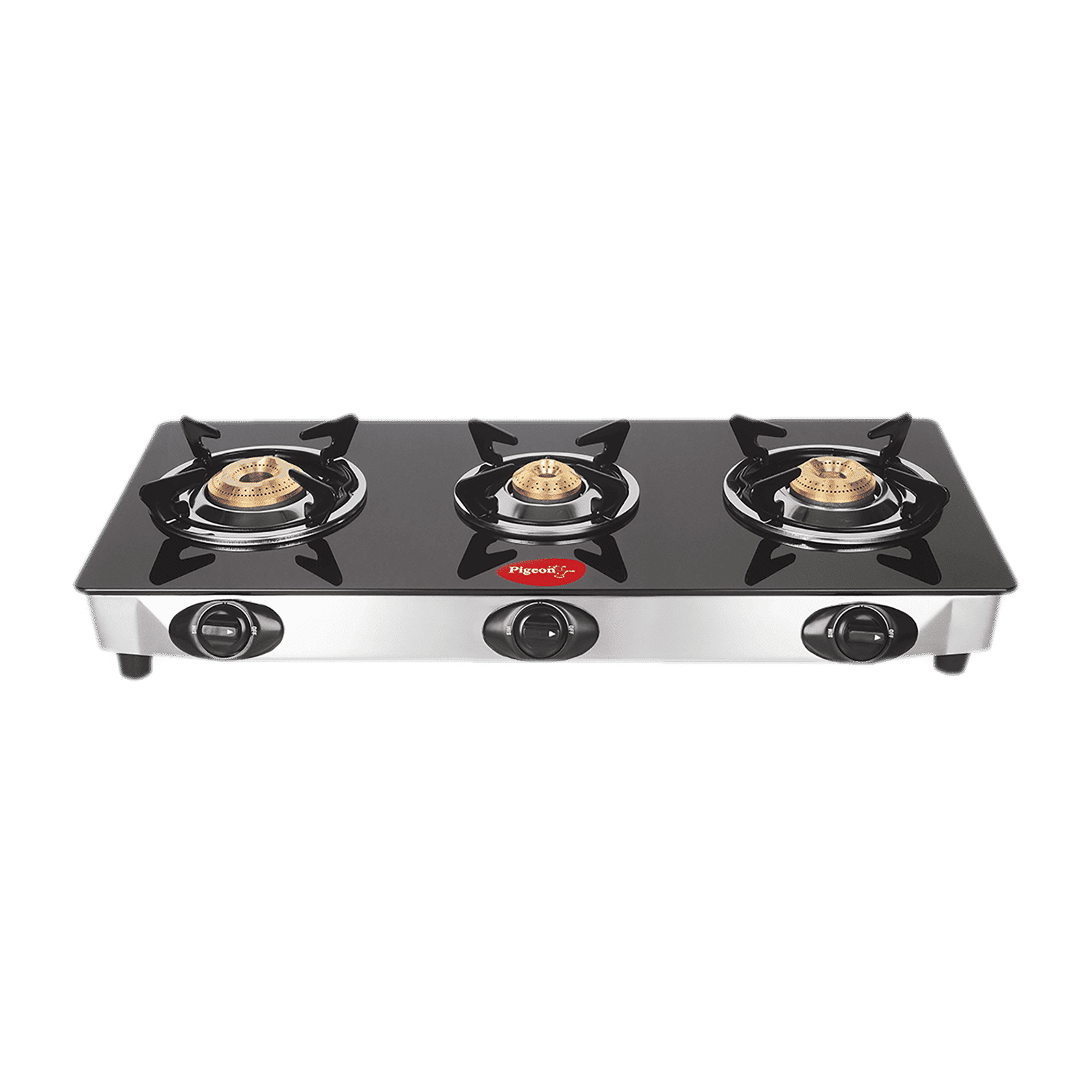 Pigeon Ayush Toughened Glass Top 3 Burner Manual Gas Stove (Unique Pan Support, Black)_1