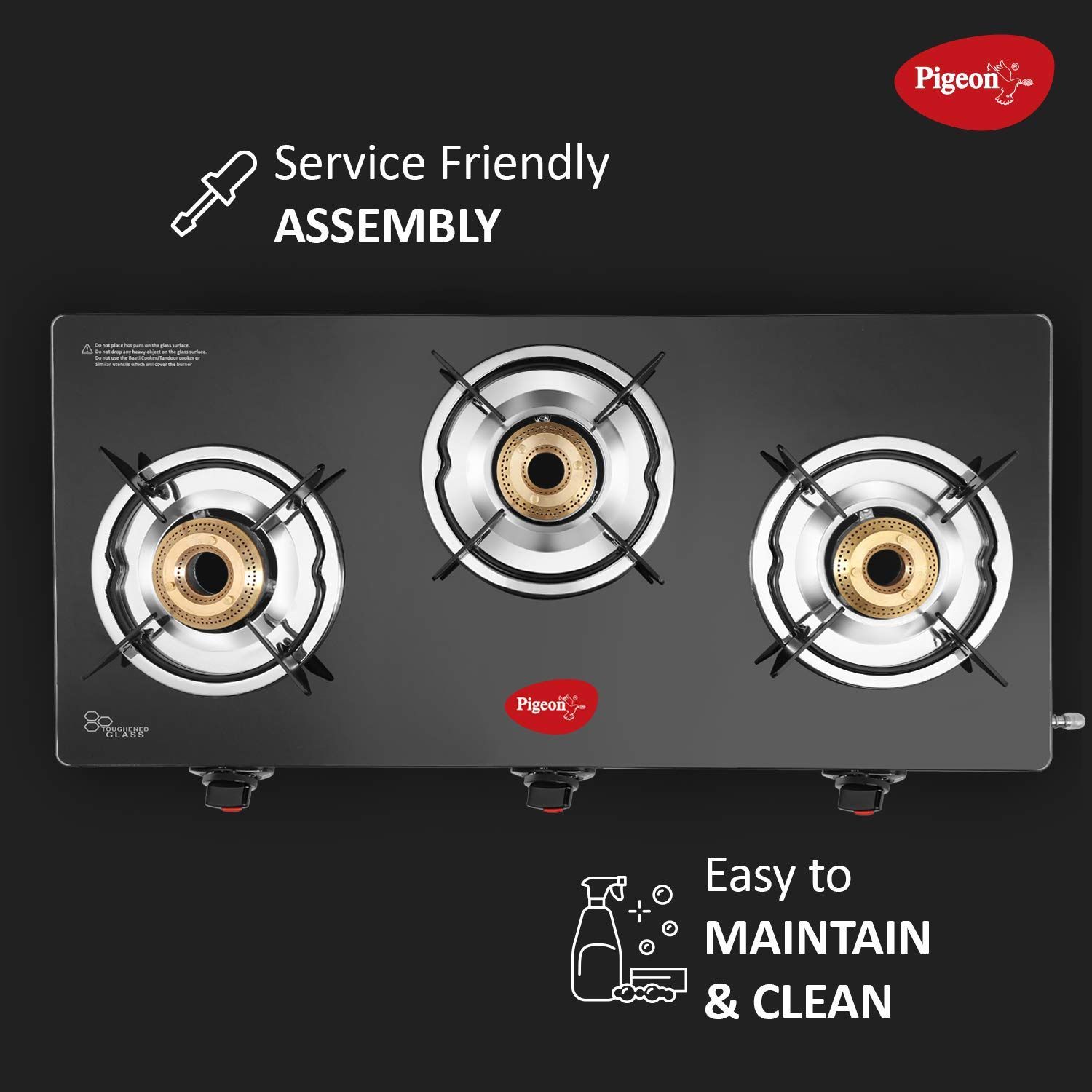 Pigeon Ayush Toughened Glass Top 3 Burner Manual Gas Stove (Unique Pan Support, Black)_5