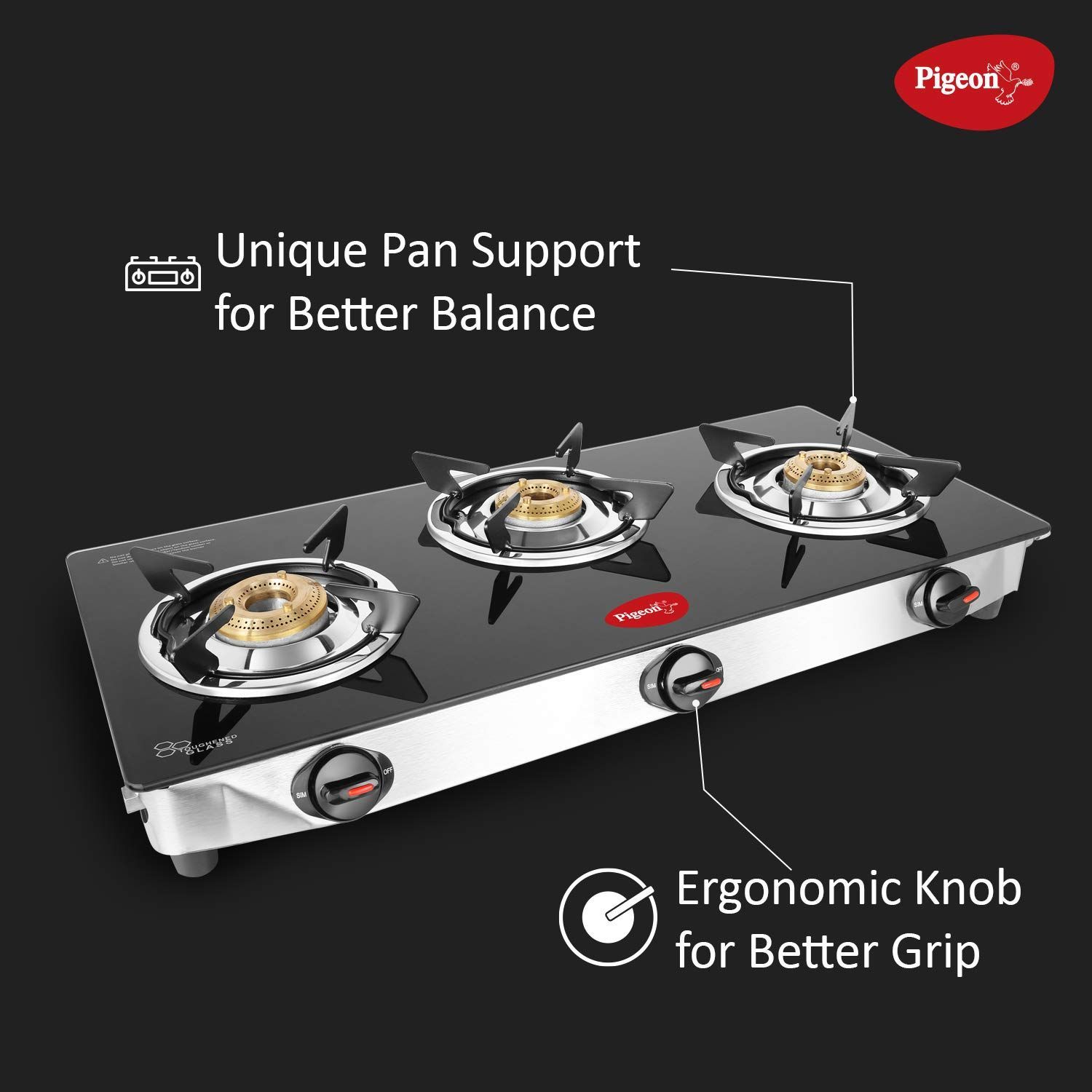 Pigeon Ayush Toughened Glass Top 3 Burner Manual Gas Stove (Unique Pan Support, Black)_6