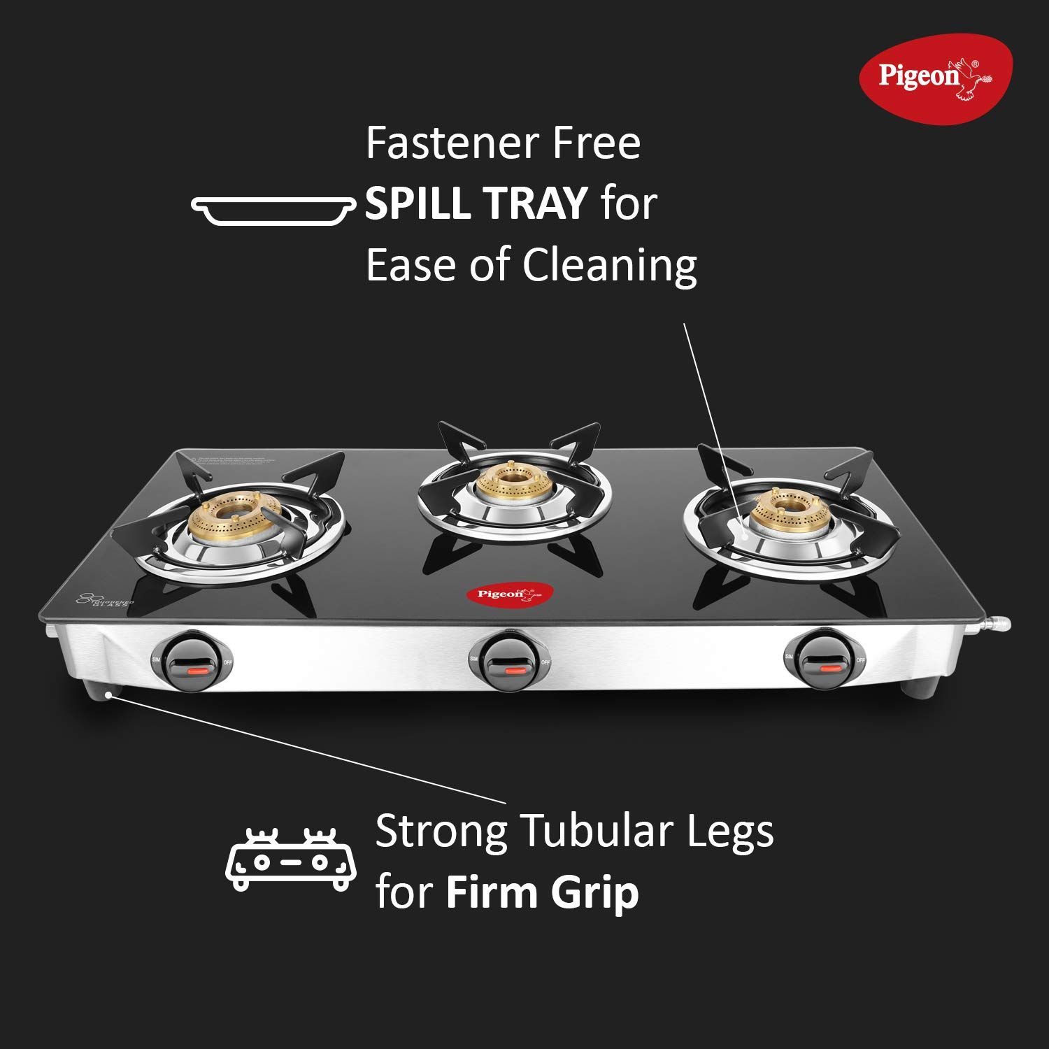 Pigeon Ayush Toughened Glass Top 3 Burner Manual Gas Stove (Unique Pan Support, Black)_7