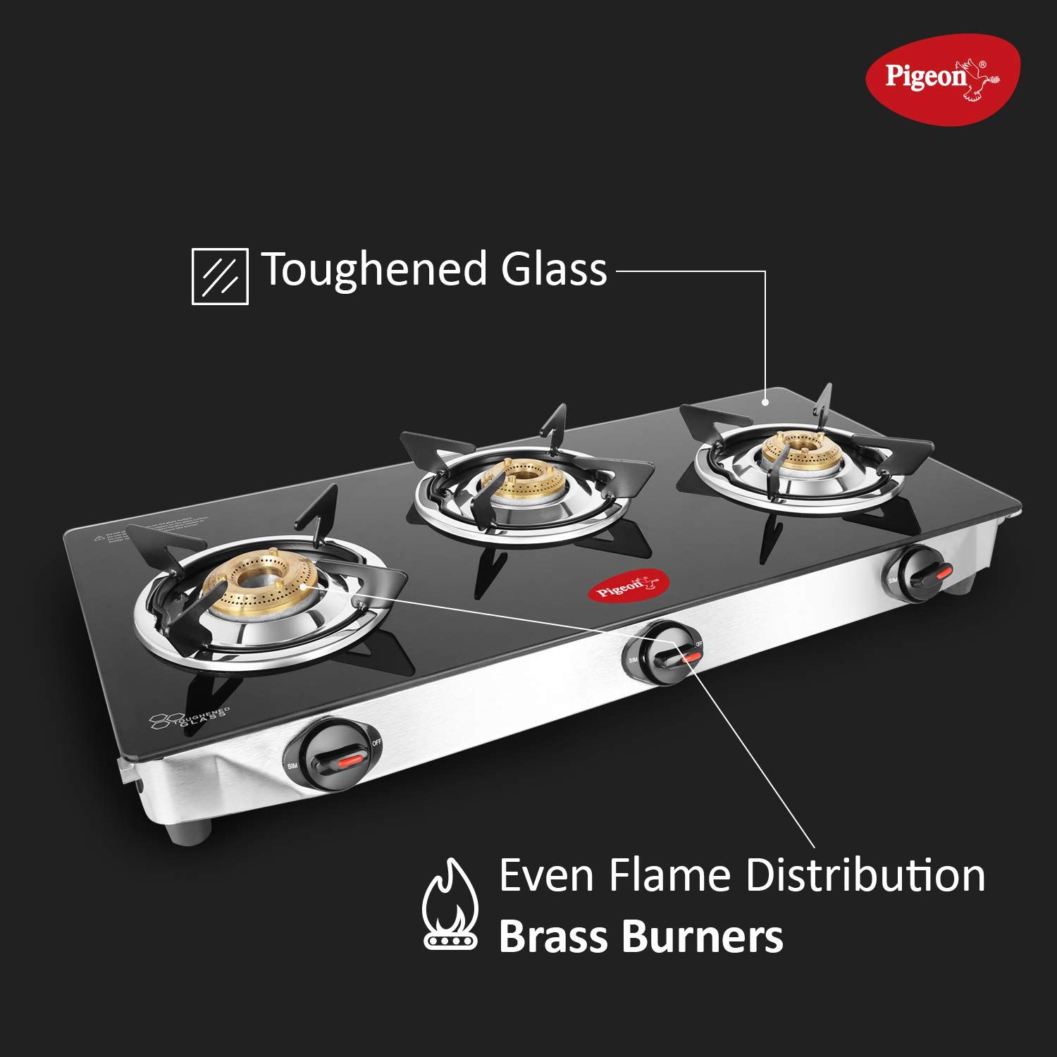 Pigeon Ayush Toughened Glass Top 3 Burner Manual Gas Stove (Unique Pan Support, Black)_8
