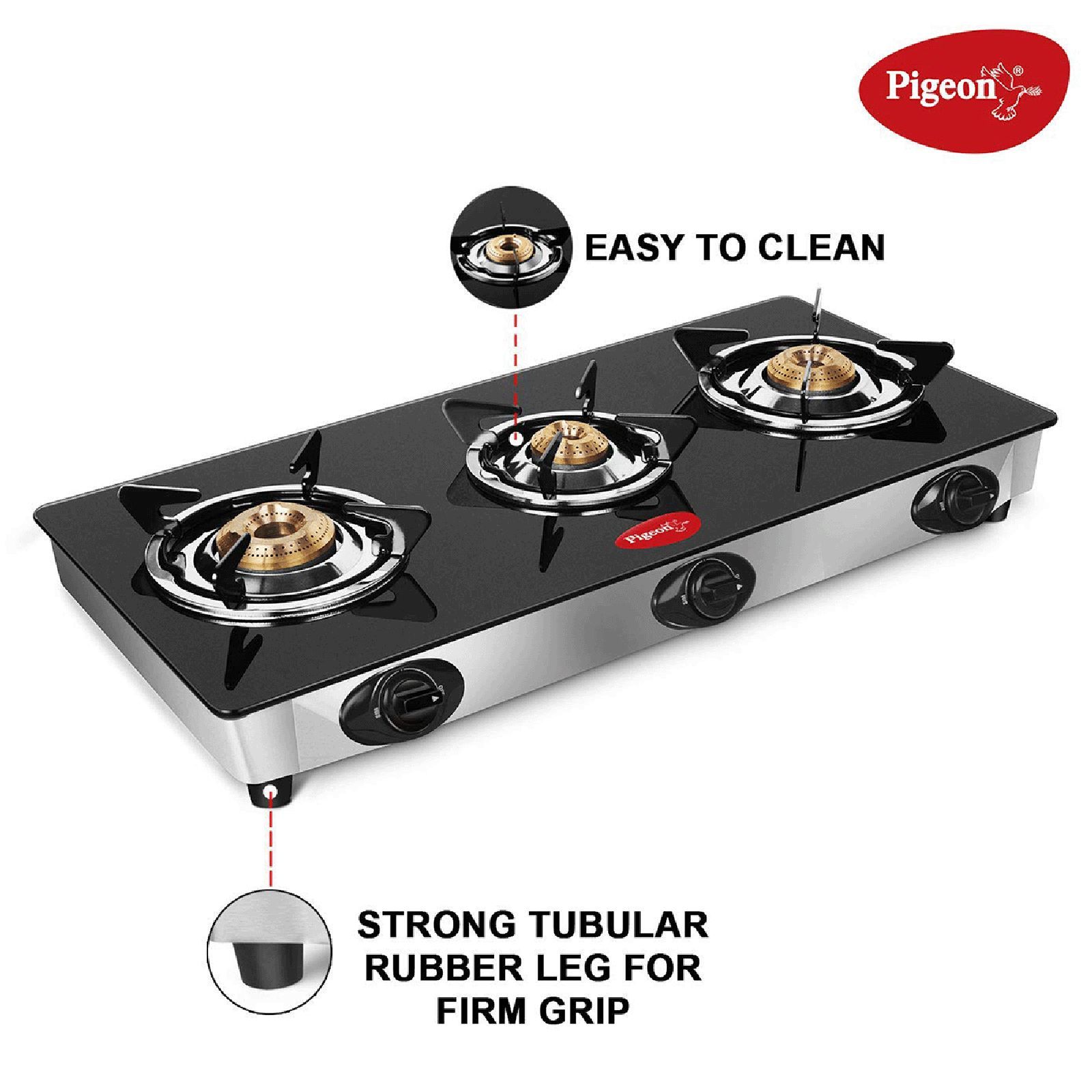 Pigeon Ayush Toughened Glass Top 3 Burner Manual Gas Stove (Unique Pan Support, Black)_9