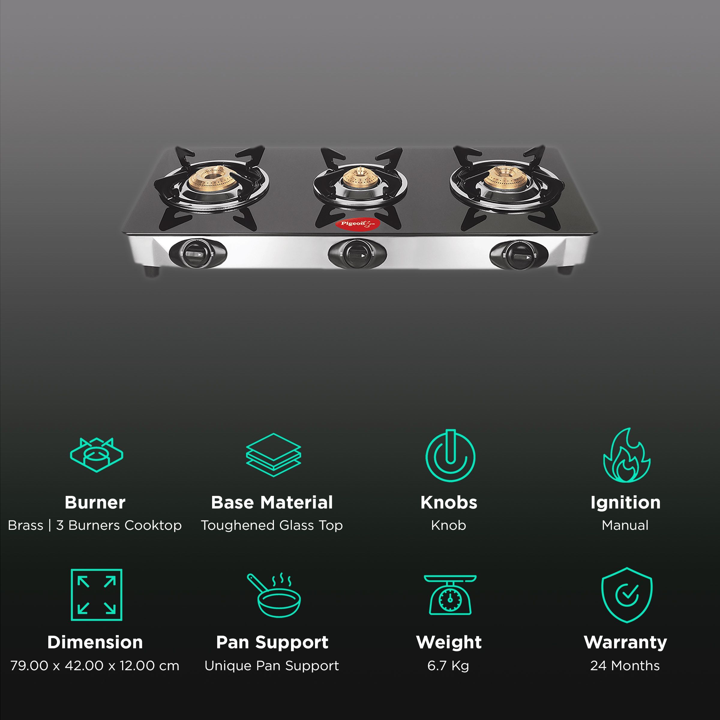 Pigeon Ayush Toughened Glass Top 3 Burner Manual Gas Stove (Unique Pan Support, Black)_3