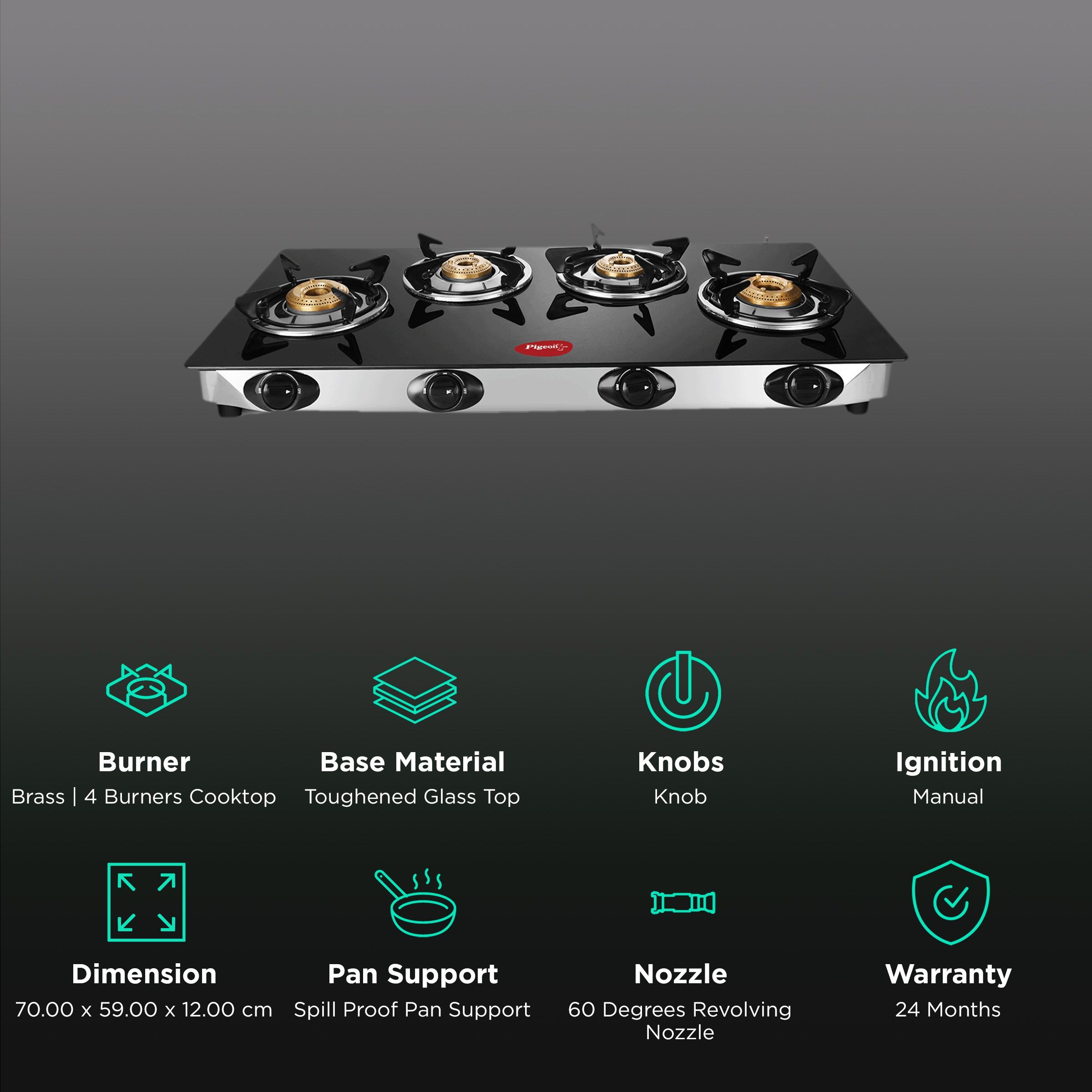 Pigeon Scarlet Toughened Glass Top 4 Burner Manual Gas Stove (Spill Proof Pan Support, Black)_3