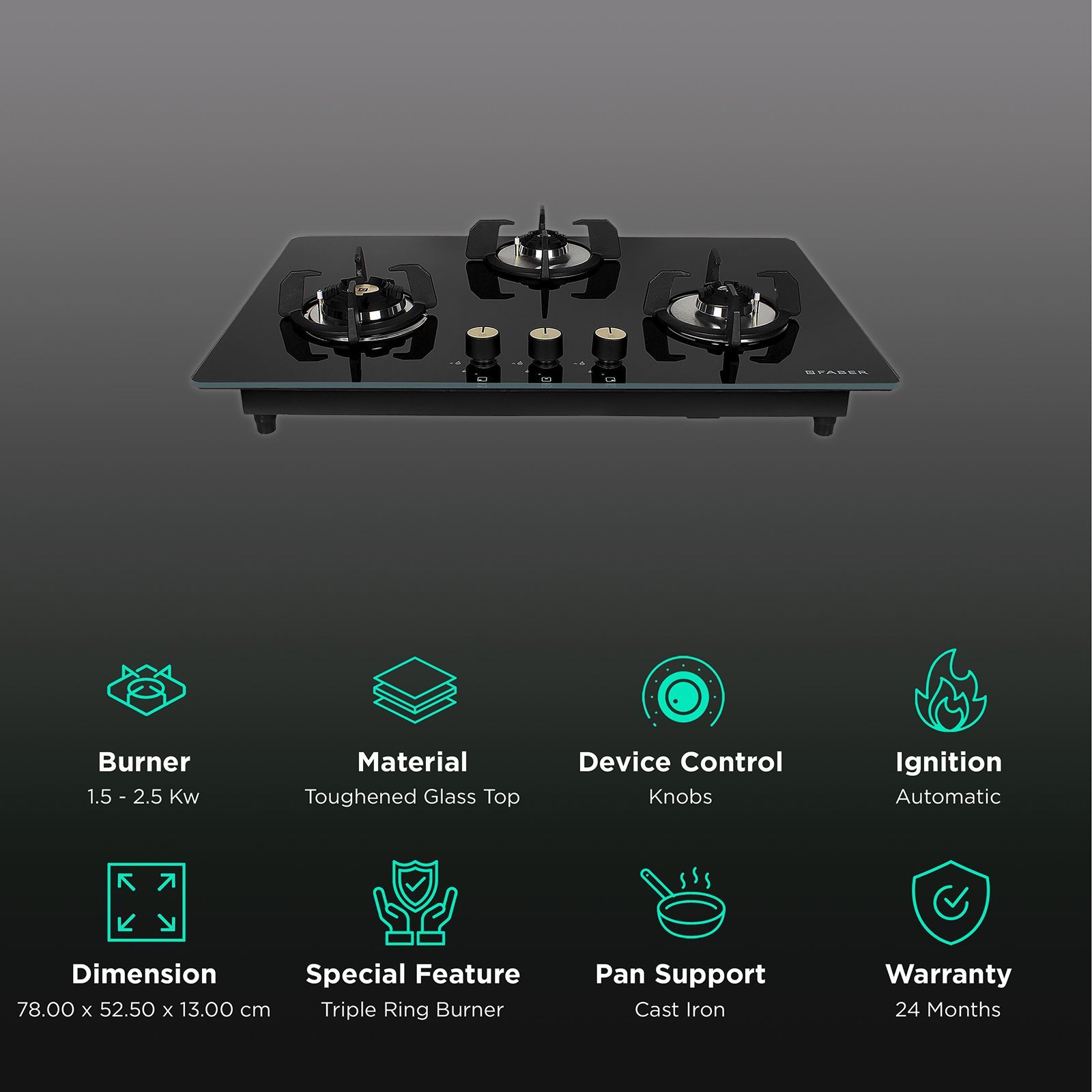 Faber Maxus HT783 CRS BR CI AI Toughened Glass Top 3 Burner Automatic Hob (High Quality Knob, Black)_3