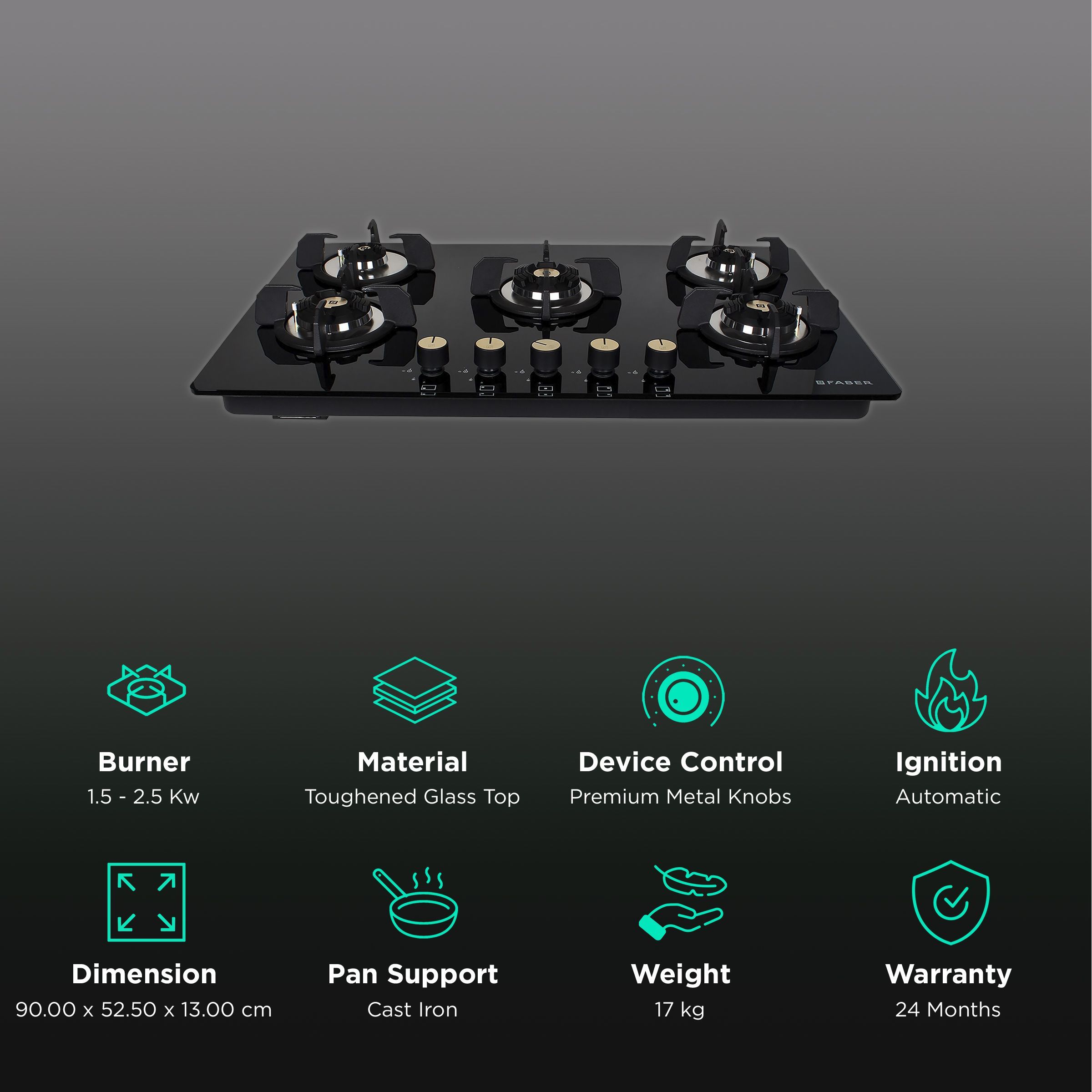 Faber Maxus HT905 CRS BR CI AI Toughened Glass Top 5 Burner Automatic Hob (High Quality Knob, Black)_3