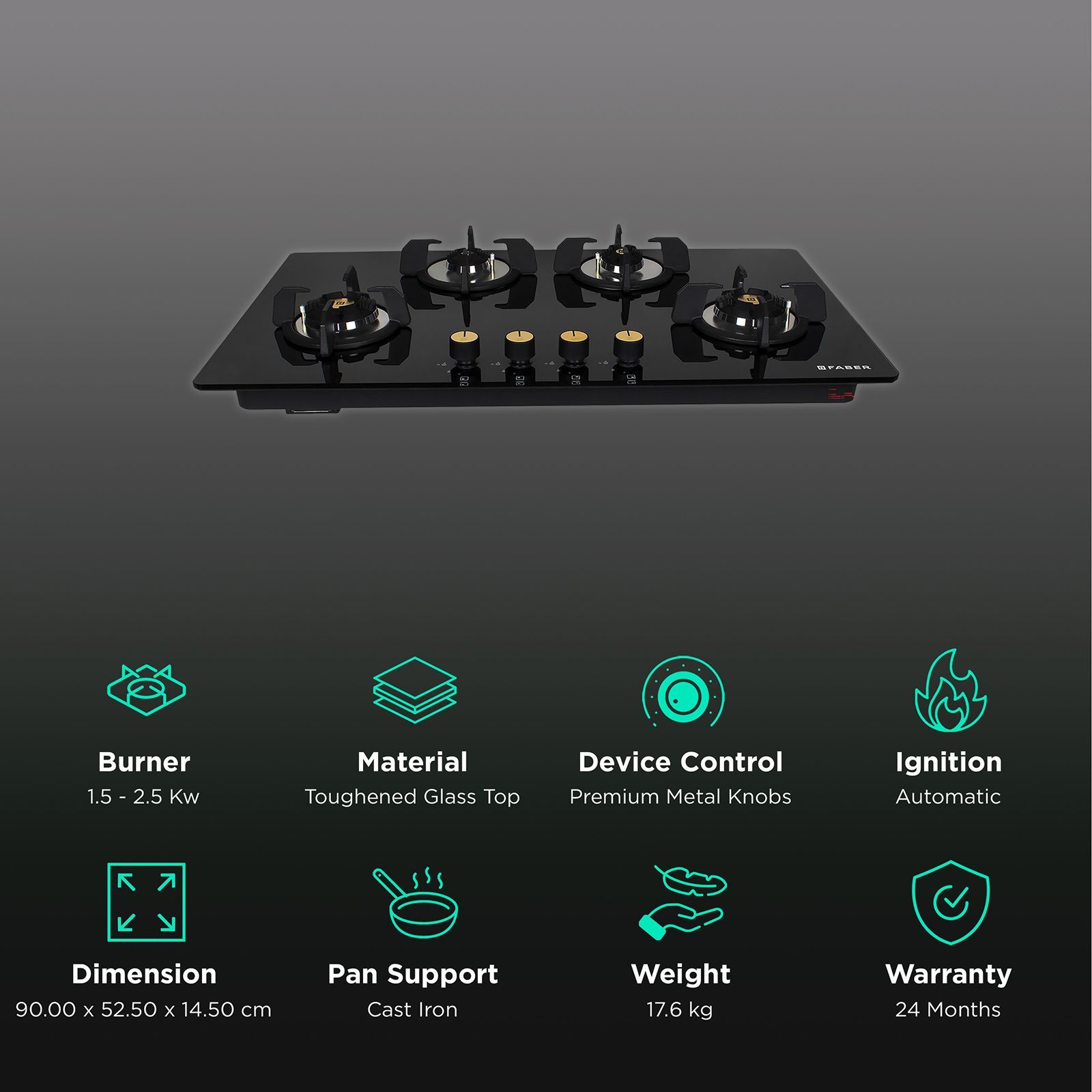 Faber Maxus HT904 CRS BR CI AI Toughened Glass Top 4 Burner Automatic Hob (High Quality Knob, Black)_3