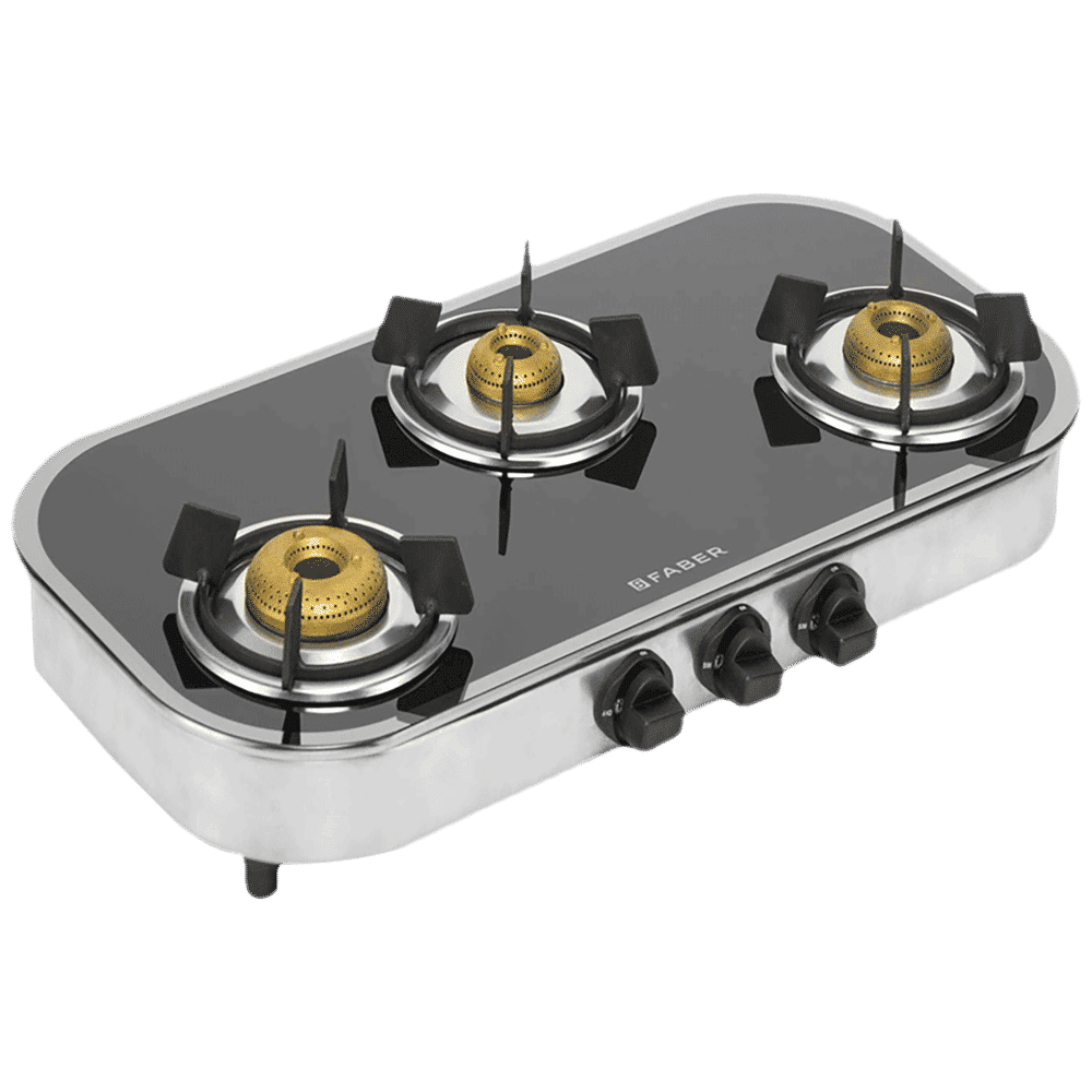 FABER Curvo Tempered Glass Top 3 Burner Manual Gas Stove (Brush Steel Finish Frame, Black)_1