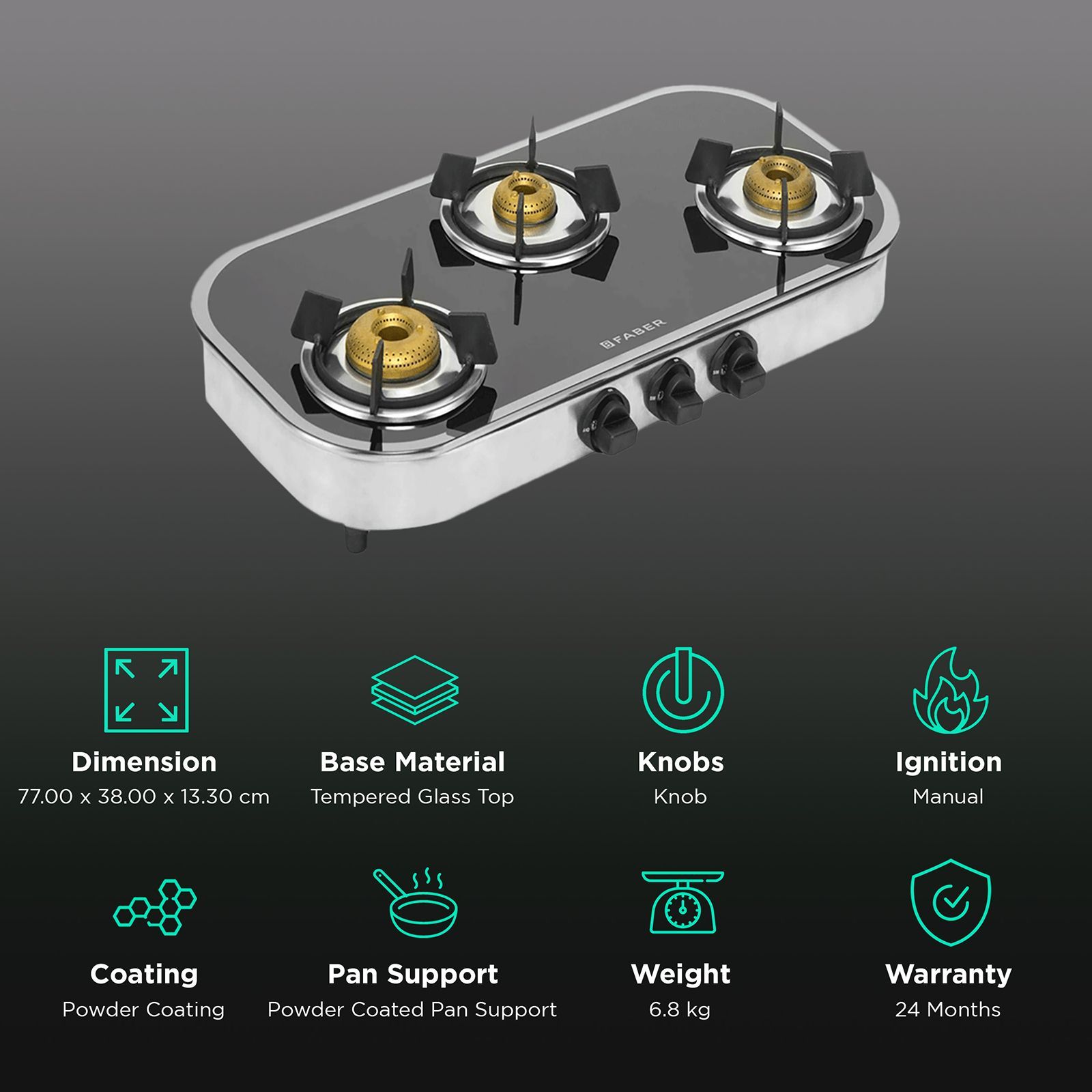 FABER Curvo Tempered Glass Top 3 Burner Manual Gas Stove (Brush Steel Finish Frame, Black)_3