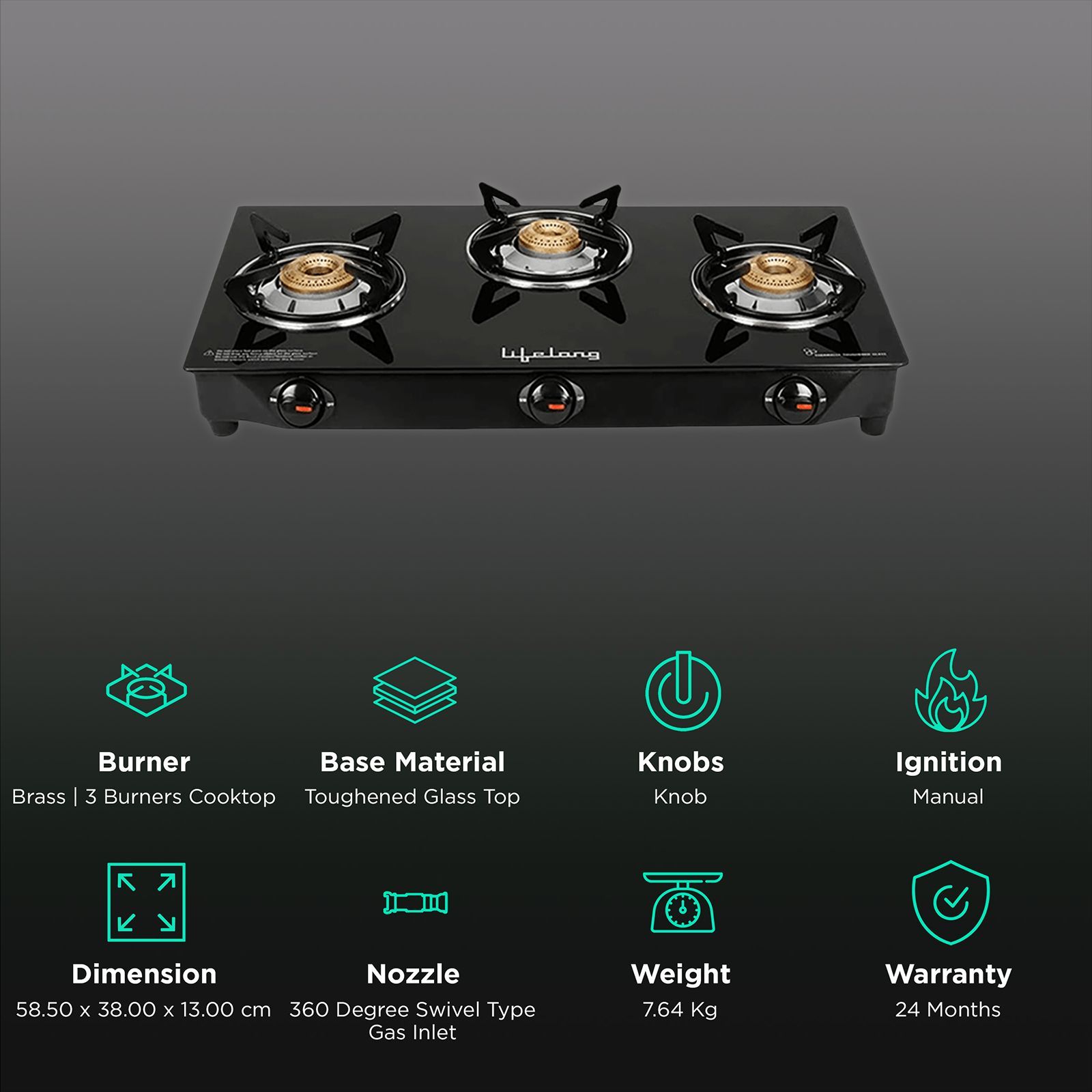 Lifelong LLGS18 Toughened Glass Top 3 Burner Manual Gas Stove (Anti-Skid Feet, Black)_3
