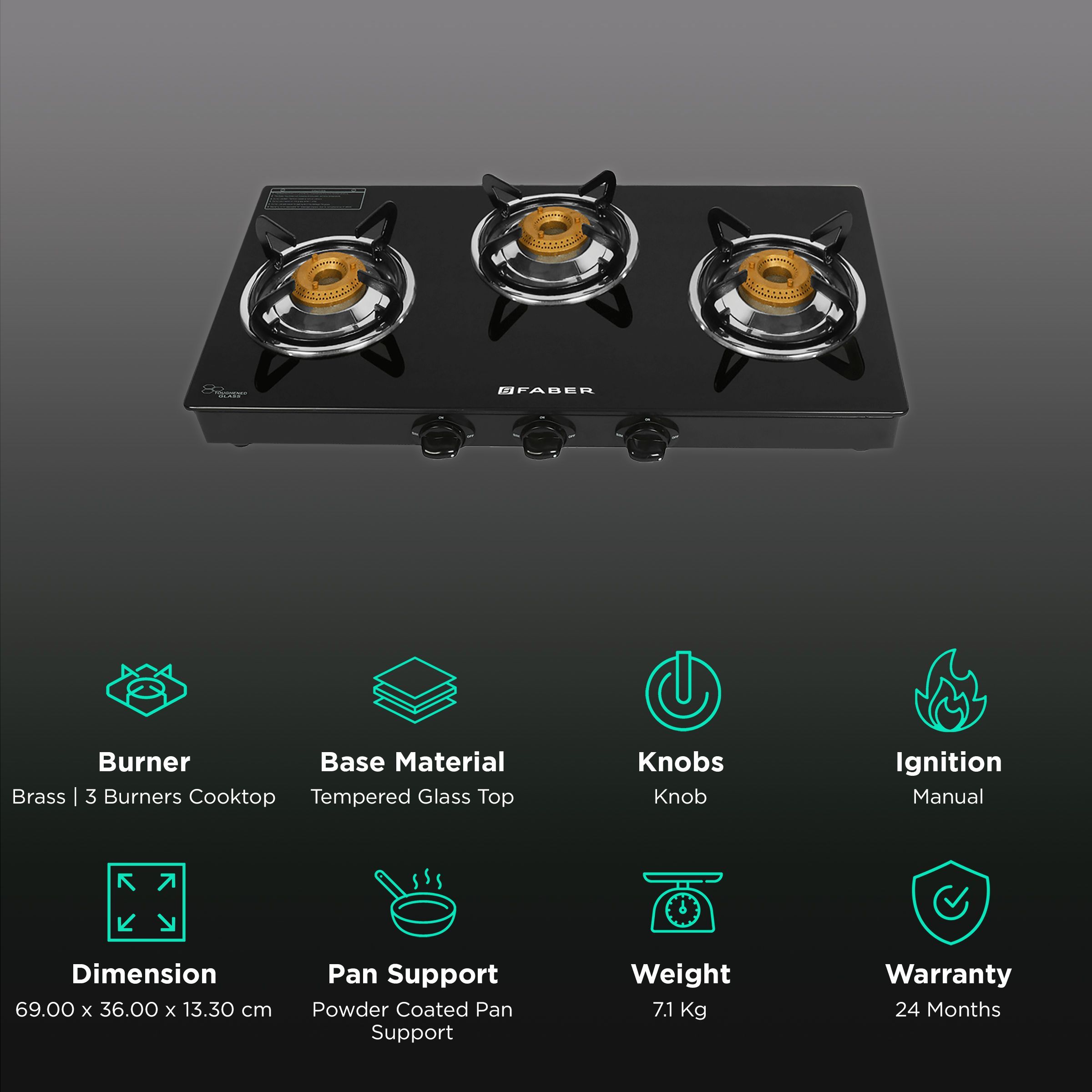 Faber Power 3BB BK Tempered Glass Top 3 Burner Manual Gas Stove (Feather Touch Knob Control, Black)_3