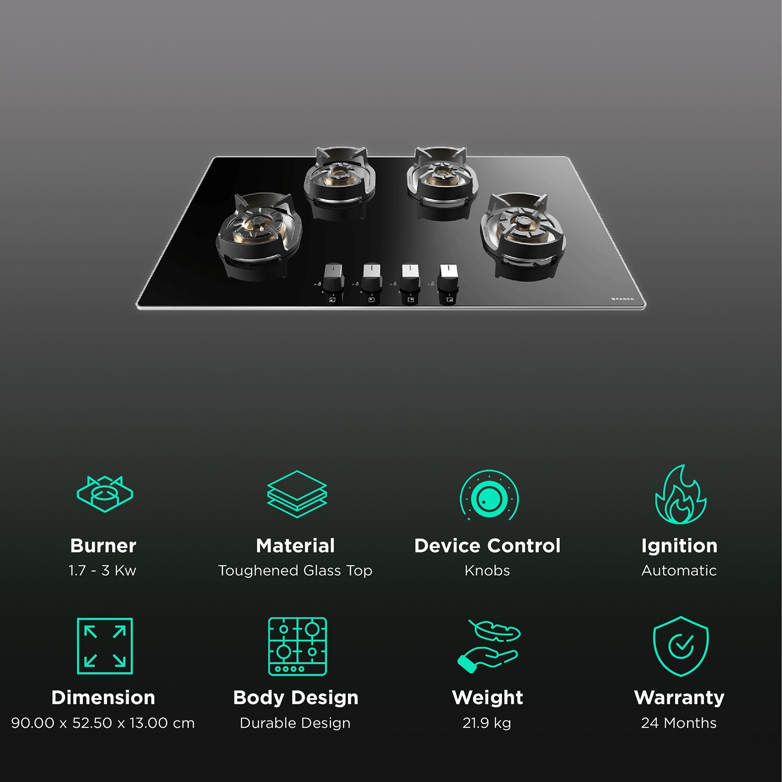 Faber Nexus IND HT904 CRS BR CI AI Toughened Glass Top 4 Burner Automatic Hob (Heavy Duty Pan Support, Black)_3