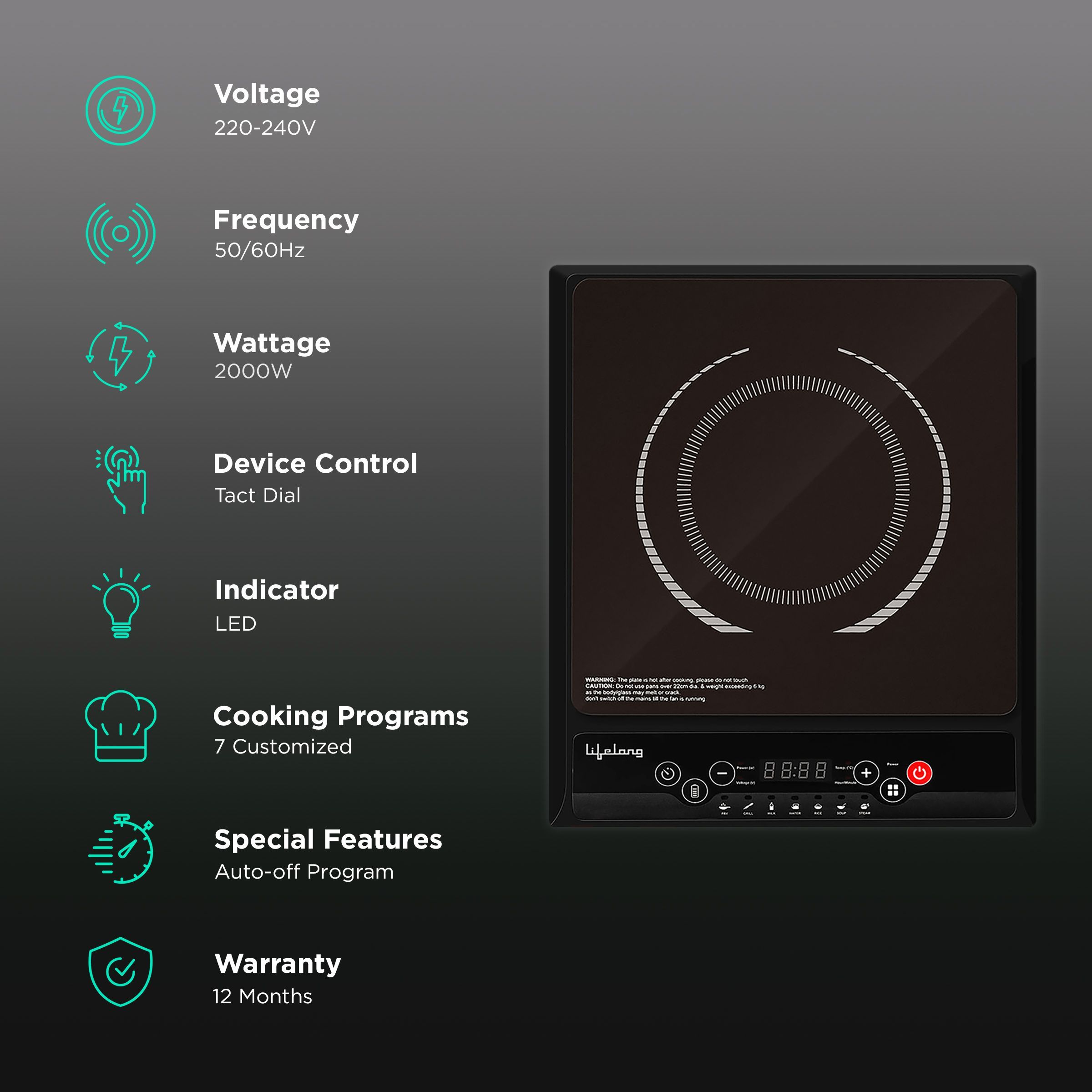 Lifelong Inferno VX 2000W Induction Cooktop with 7 Preset Menus_3