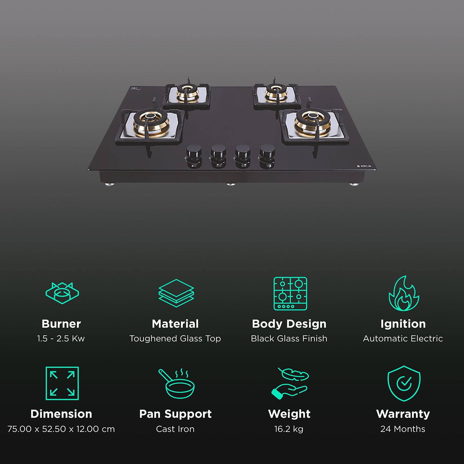 Elica FLEXI FB HCT 475 DX Toughened Glass Top 4 Burner Automatic Electric Hob (Cast Iron Grid, Black)_3