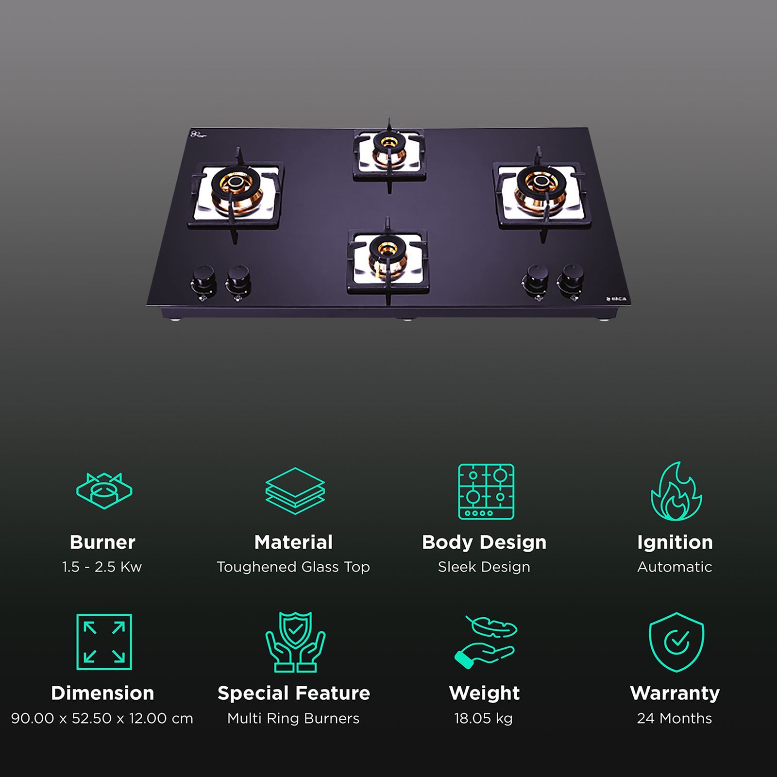 Elica FLEXI FB HCT 491 DX Toughened Glass Top 4 Burner Automatic Hob (Cast Iron Grid, Black)_3