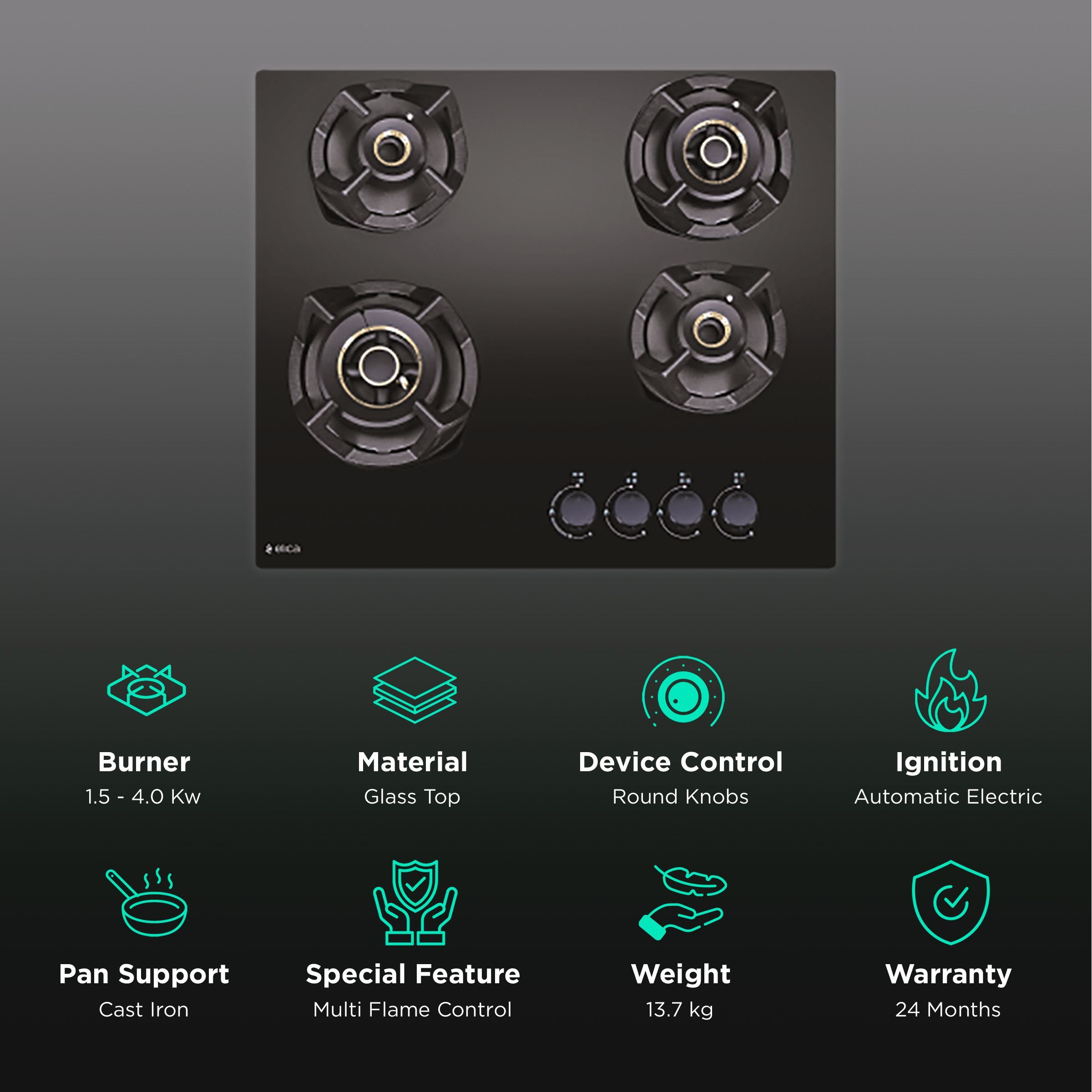 Elica CLASSIC FLEXI AB MFC 4B 60 MT Glass Top 4 Burner Automatic Electric Hob (Cast Iron Grid, Black) Elica CLASSIC FLEXI AB MFC 4B 60 MT Glass Top 4 Burner Automatic Electric Hob (Cast Iron Grid, Black)_3