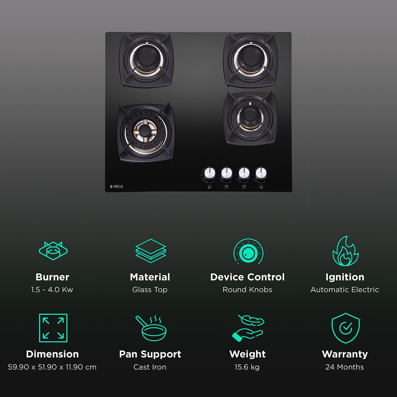 Elica DT FLEXI FB MFC 4B 60 SWIRL Glass Top 4 Burner Automatic Electric Hob (Cast Iron Grid, Black)_3