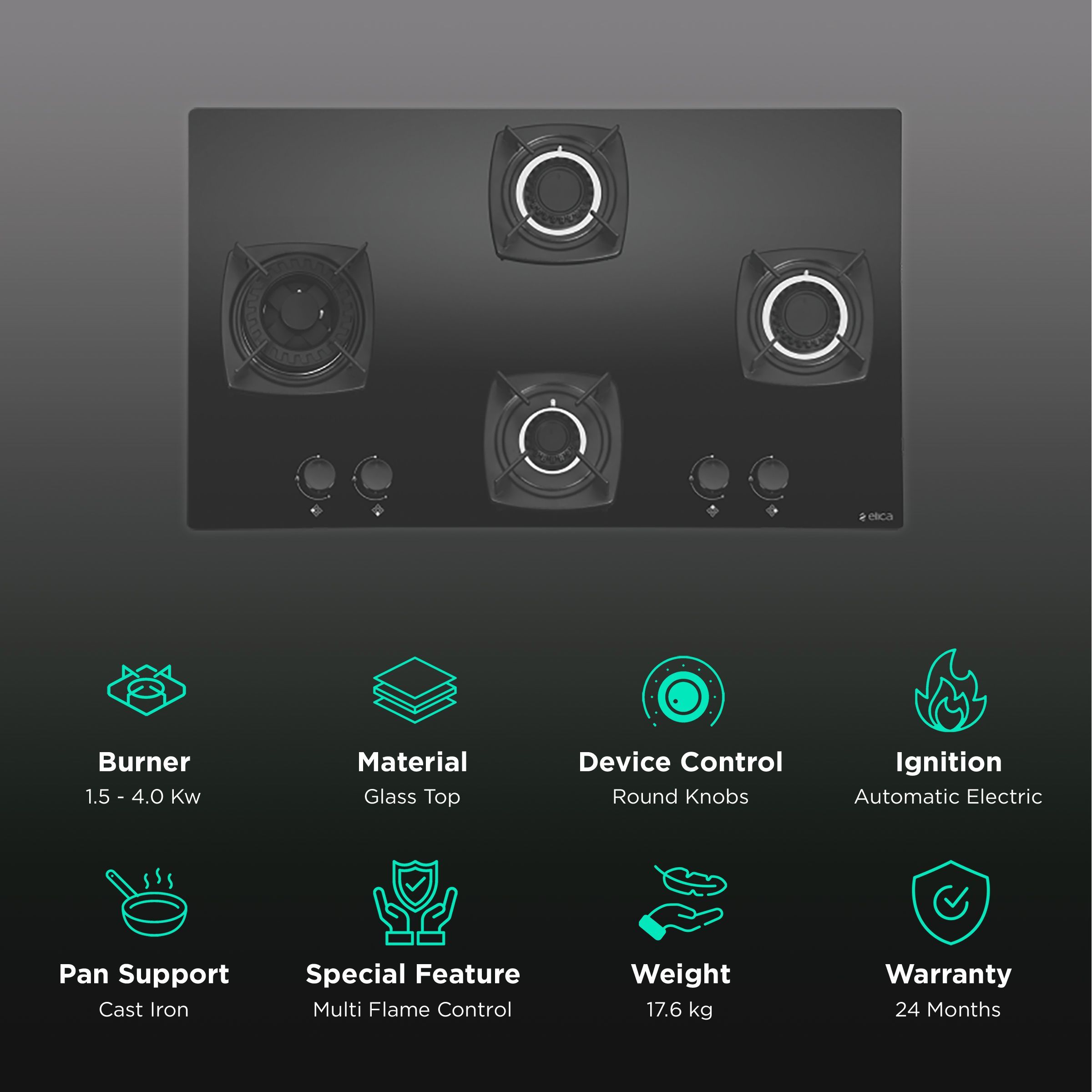 Elica DT FLEXI MFC 4B 91 SWIRL Glass Top 4 Burner Automatic Electric Hob (Cast Iron Grid, Black)_3