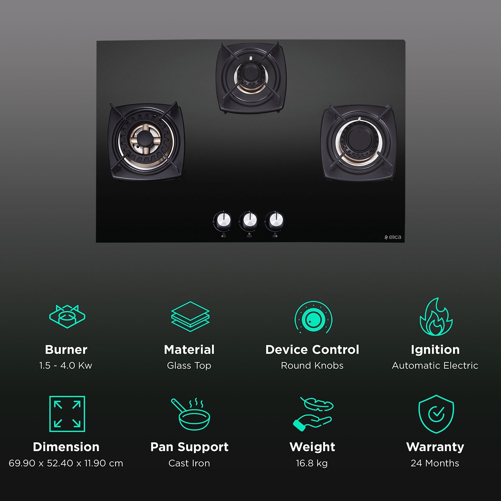 Elica DT FLEXI FB MFC 3B 70 SWIRL Glass Top 3 Burner Automatic Electric Hob (Cast Iron Grid, Black)_3